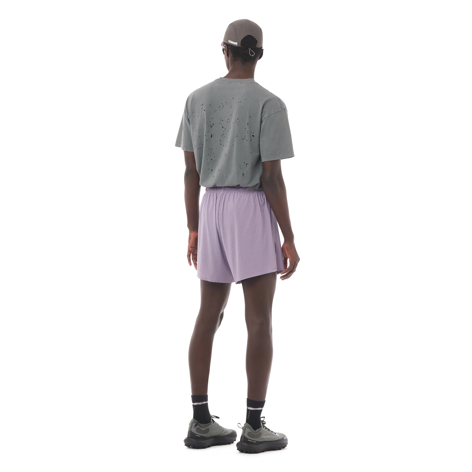 Satisfy Space-O™ 5 Inch Distance Shorts in Dusk — back view worn on model showing bonded seam construction, double waistband and Space-O™ perforated micro jersey fit