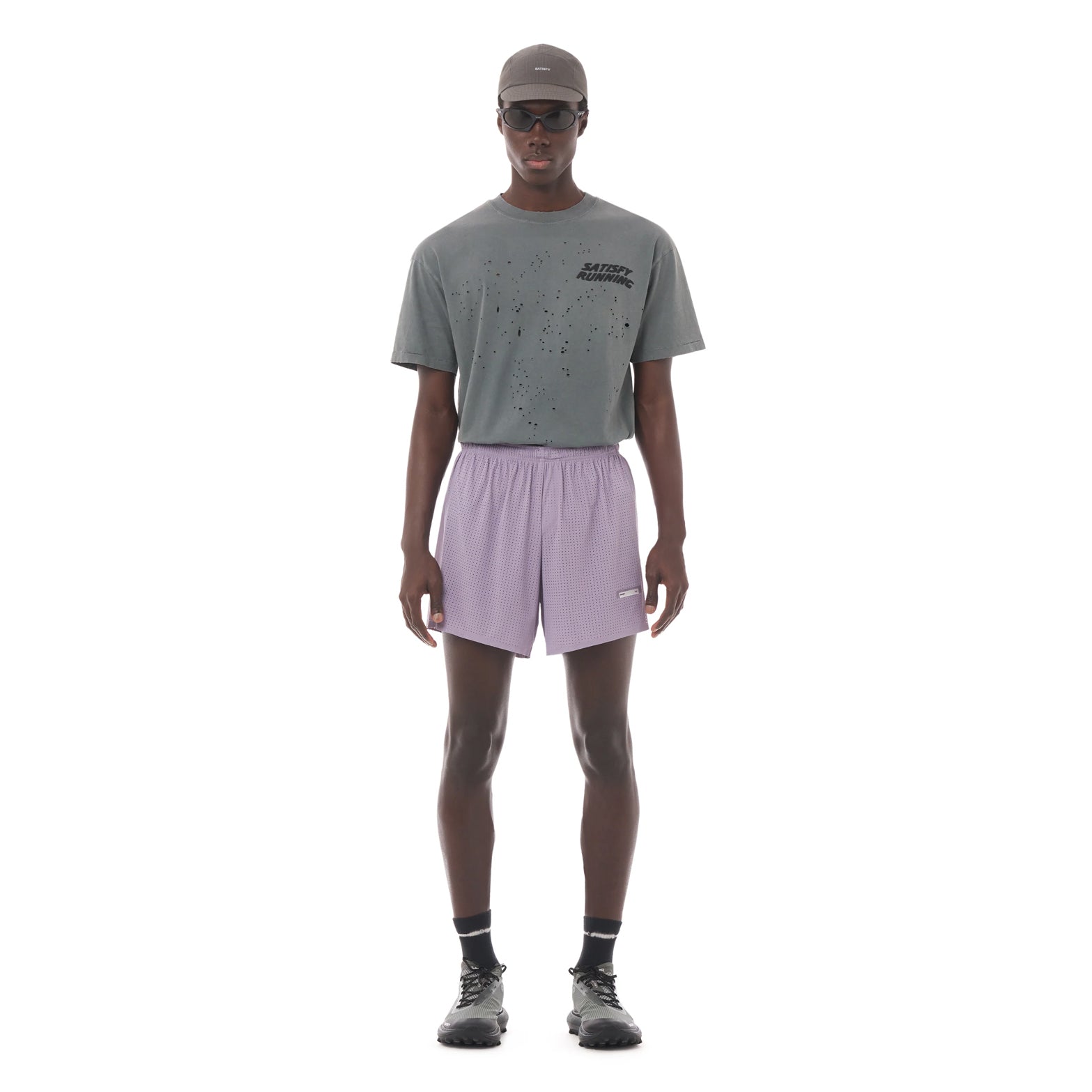 Satisfy Space-O™ 5 Inch Distance Shorts in Dusk — front view worn on model showing race-length 5" fit, laser punch-out perforated shell and stealth-reflective Satisfy logo