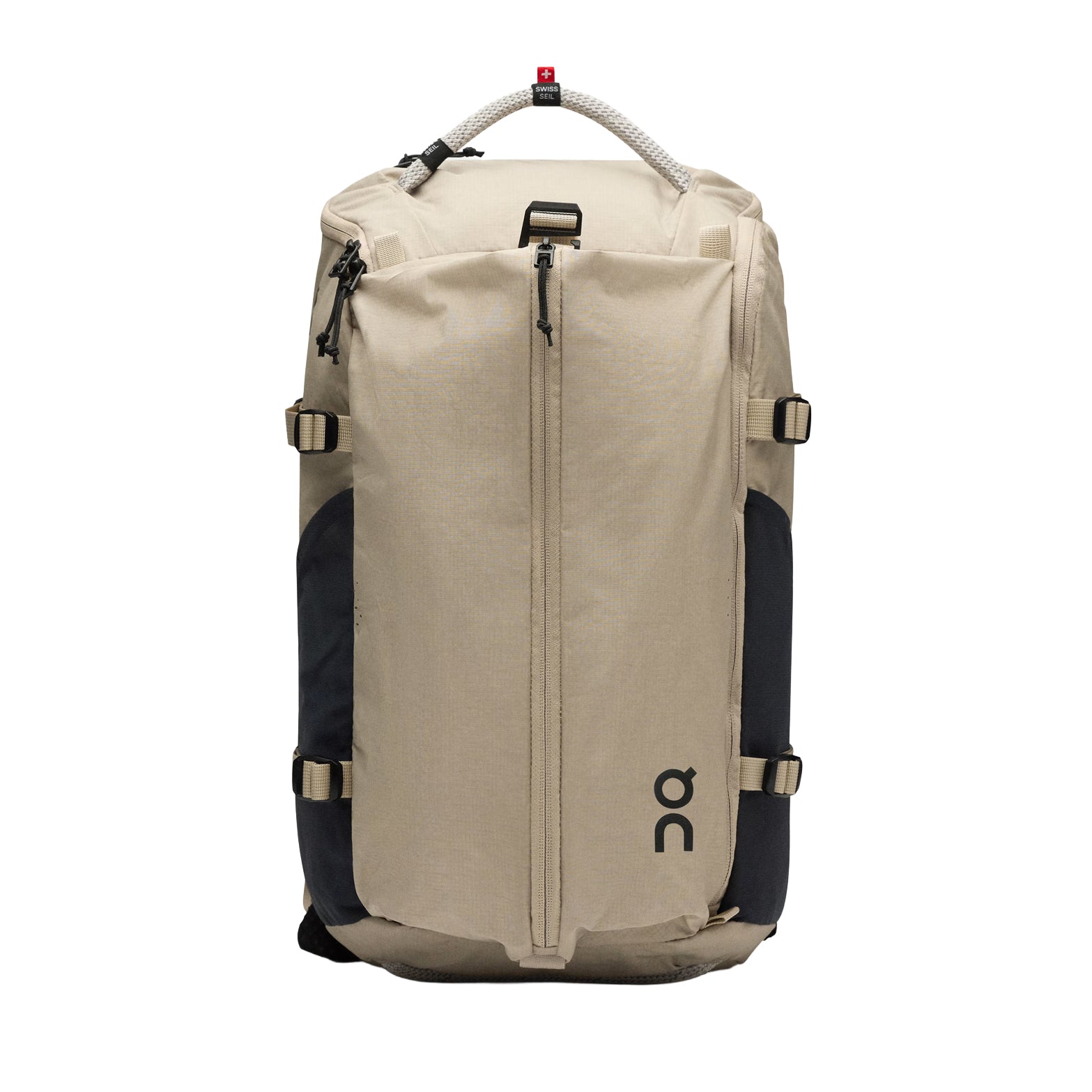 On Speed Pack 30L backpack in Sand Black front view showing oversized front pocket and ergonomic shoulder straps