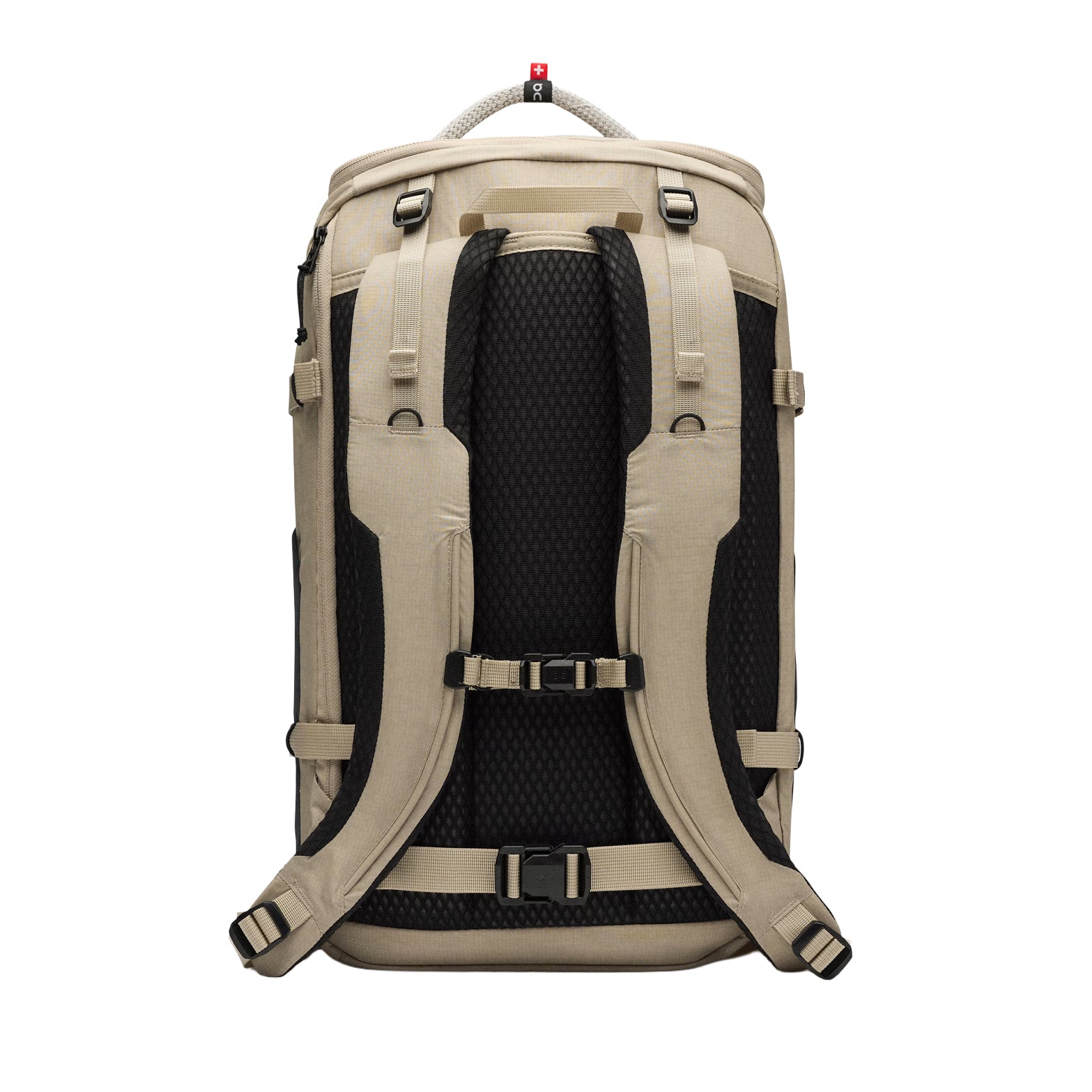 On Speed Pack 30L Sand Black back view featuring cushioned back panel and waist belt for stability