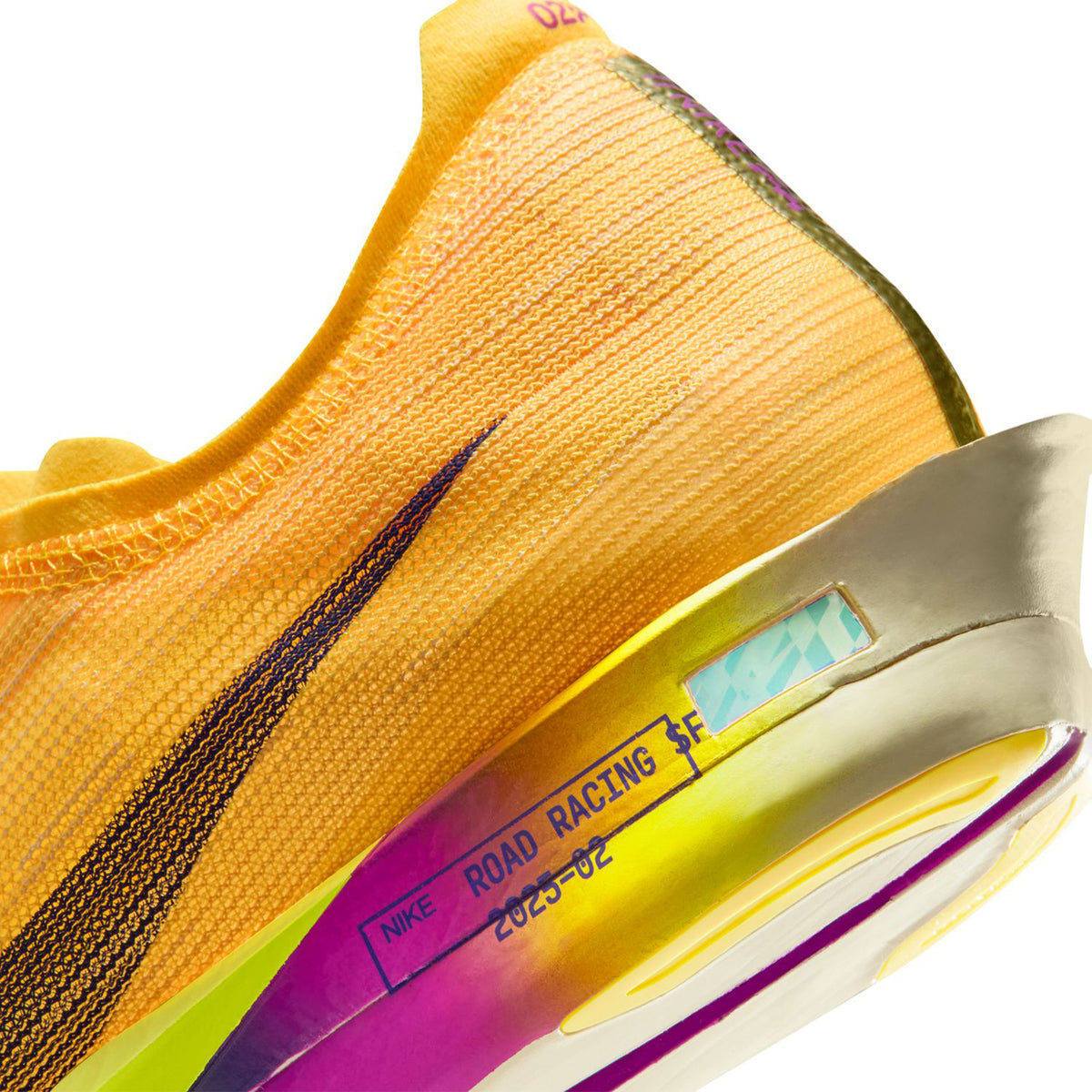 Streakfly 2 Running Shoes Citron Pulse Volt Ice Hyper Violet Indigo Burst angled close-up heel view showing ZoomX cushioning and Flyplate