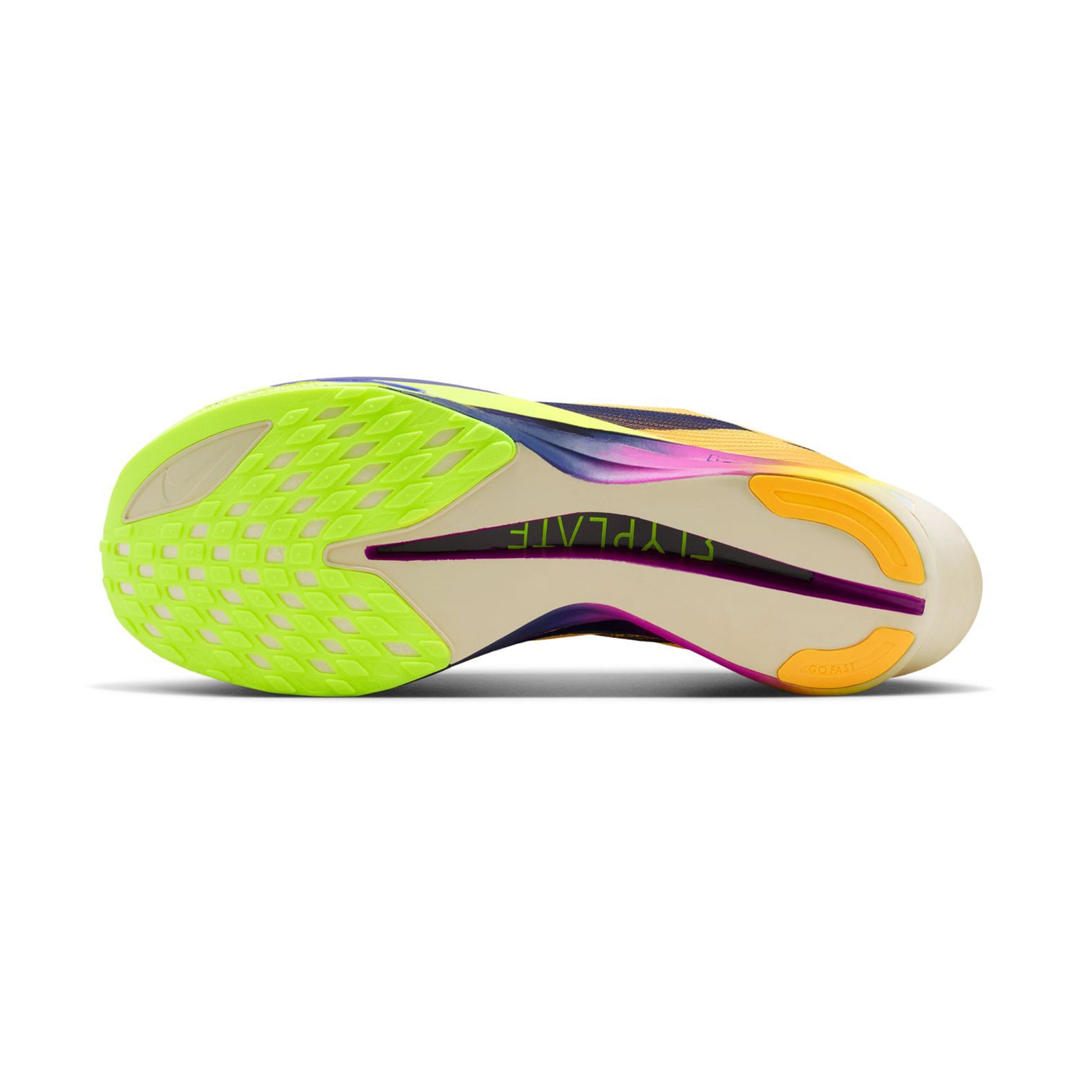 Streakfly 2 Running Shoes Citron Pulse Volt Ice Hyper Violet Indigo Burst sole view displaying thin sticky webbed outsole traction
