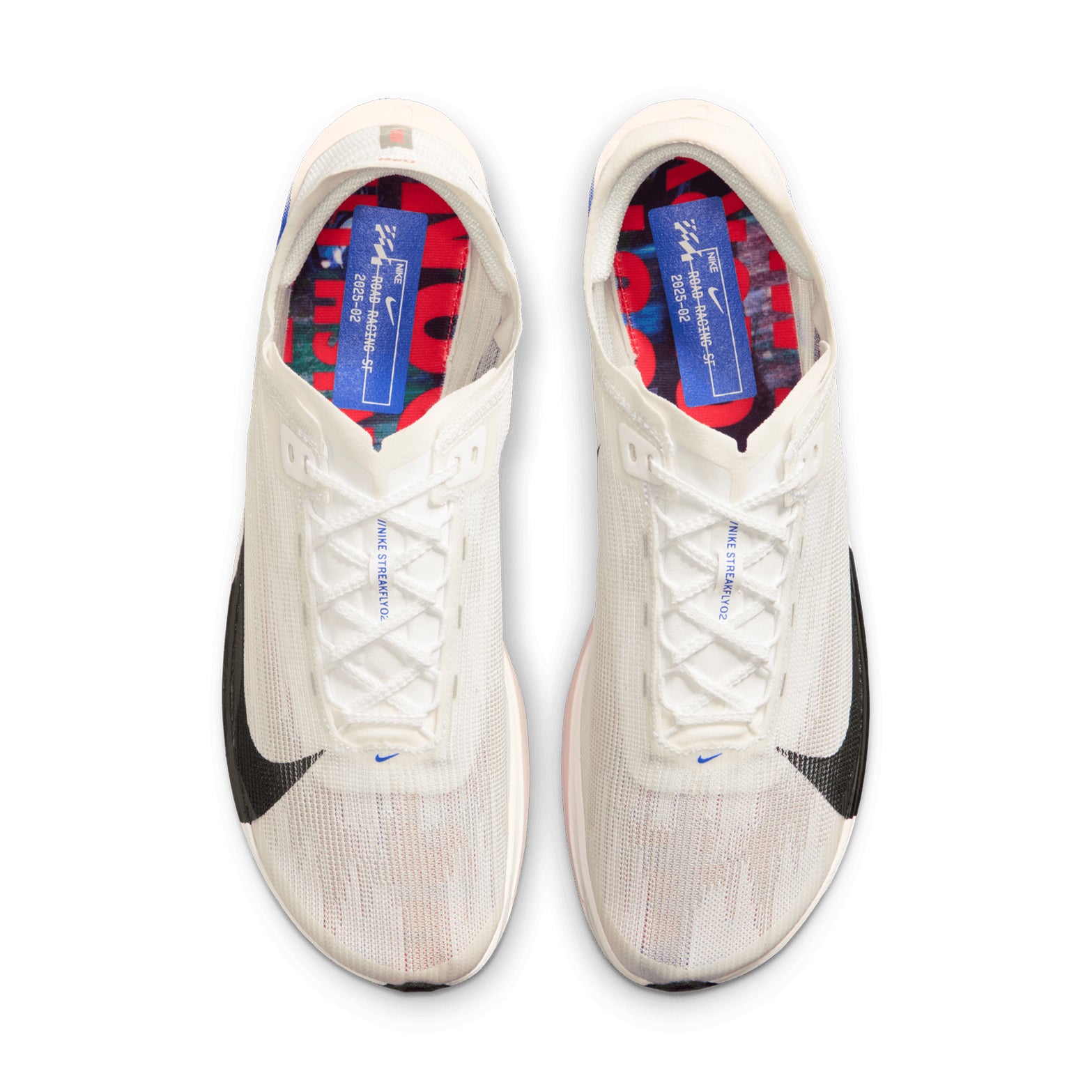 Nike Streakfly 2 Running Shoes White Black Racer Blue Bright Crimson top view showing breathable lightweight upper for racing and competition