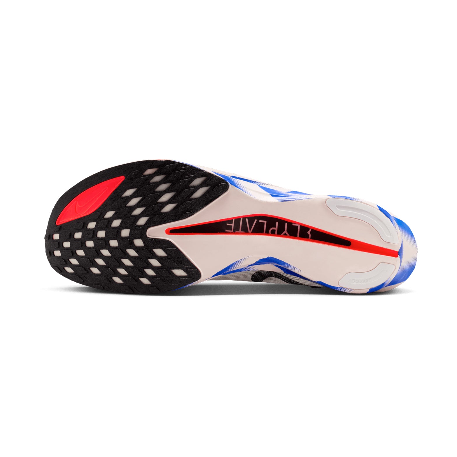 Nike Streakfly 2 Running Shoes White Black Racer Blue Bright Crimson sole view displaying minimal racing outsole with road traction for track and 5K to 10K racing