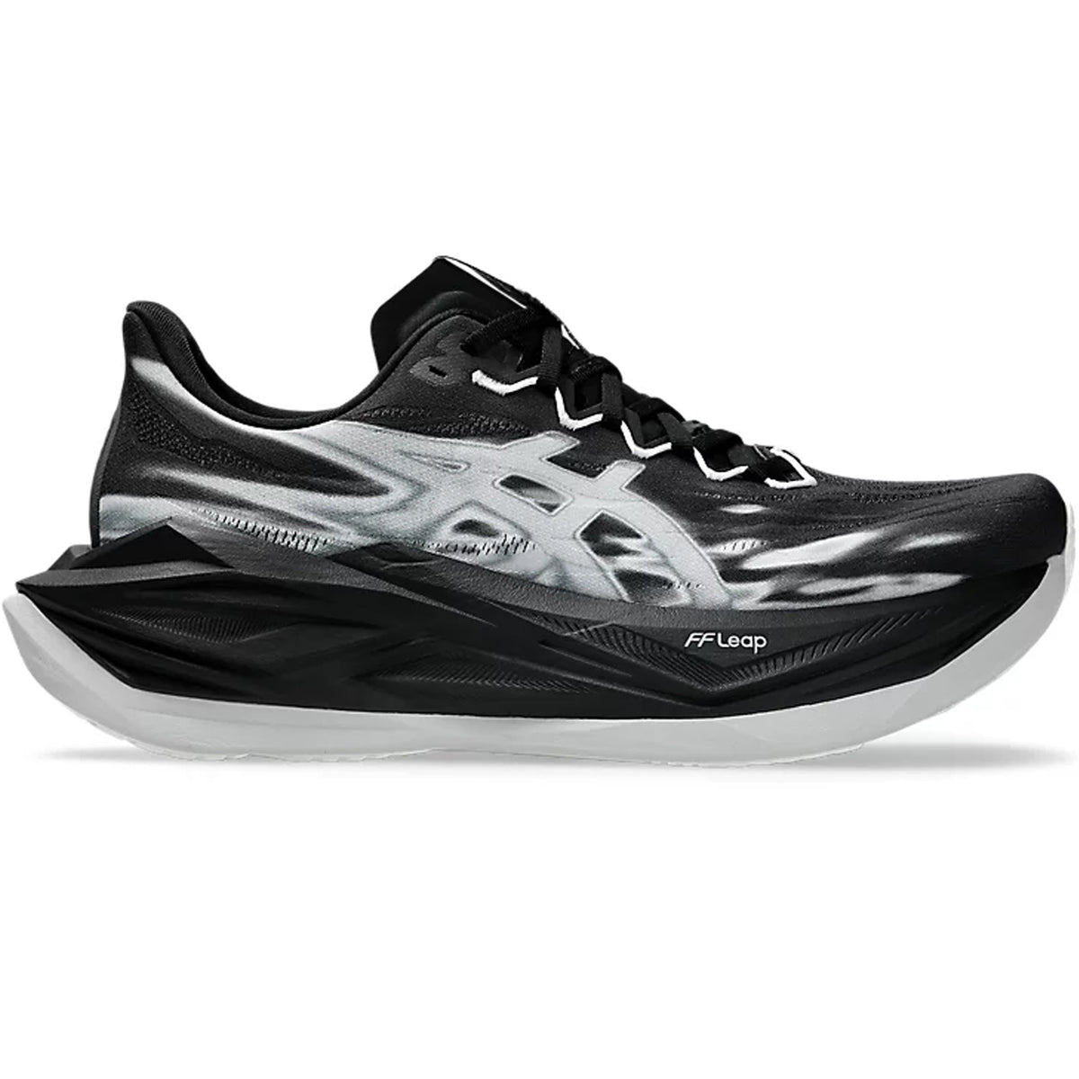 The Asics Superblast 3 Running Shoes in Black / Black feature a striking black and white color scheme, a dynamic wave design, thick FF LEAP foam cushioning for maximum comfort, and bold ASICS branding on the side. This model also includes black laces and a gradient effect that transitions from heel to toe.
