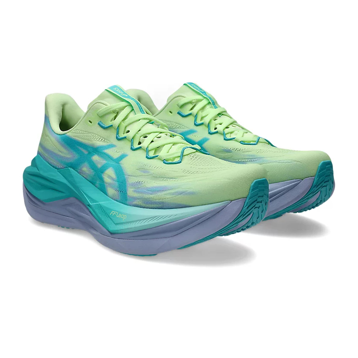 Asics Superblast 3 running shoe in Illuminate Yellow / Energy Aqua — angled side view showing illuminate yellow woven upper, trampoline-inspired pod outsole geometry and energy aqua dual-layer FF LEAP foam midsole stack