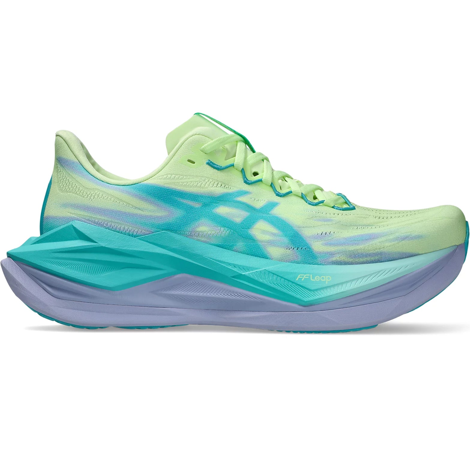 Asics Superblast 3 running shoe in Illuminate Yellow / Energy Aqua — outer view showing illuminate yellow woven upper with energy aqua accent detailing and dual-layer FF LEAP foam midsole profile