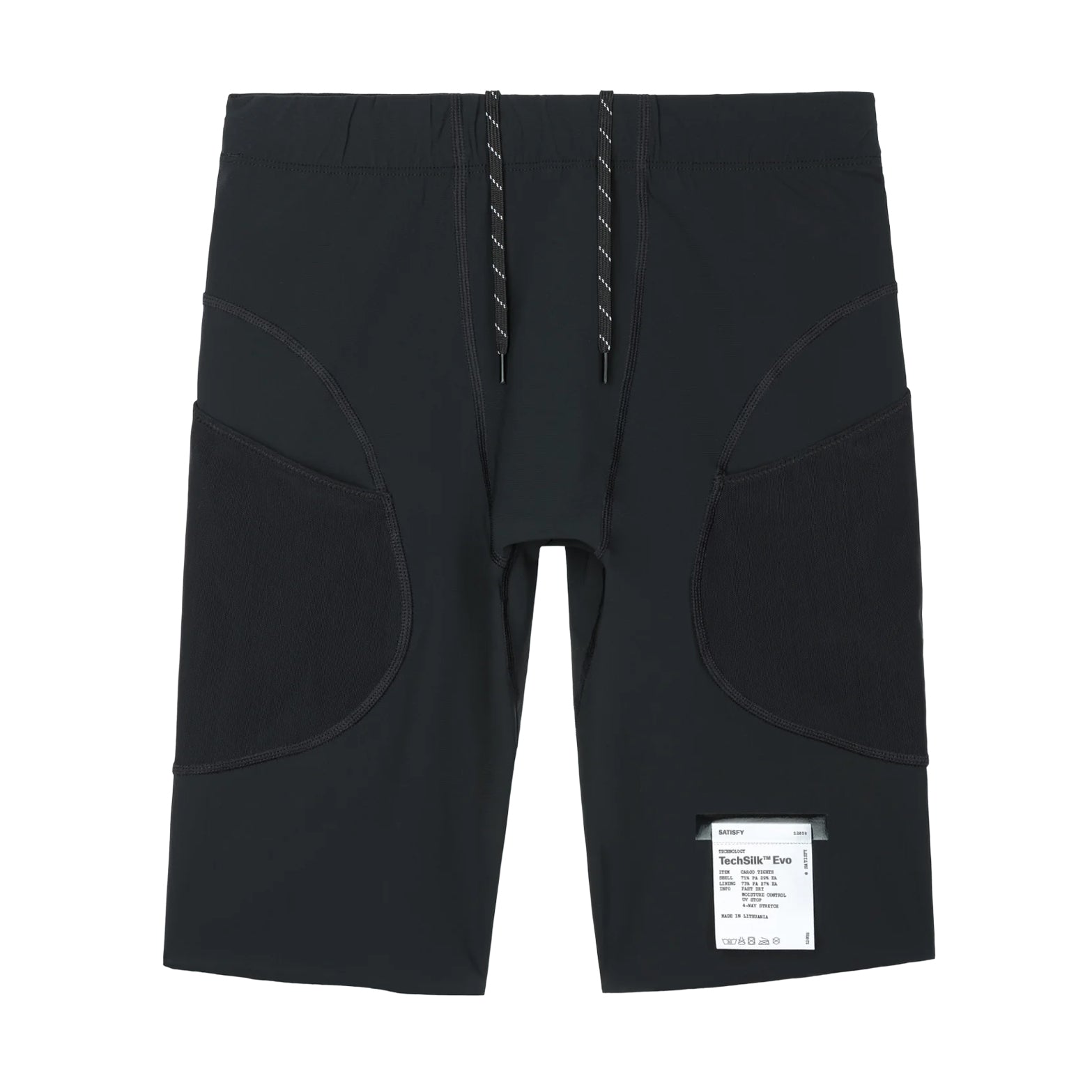 Satisfy TechSilk Evo 9 Inch Half Tights Black front product view showing Italian power-stretch micro nylon with two side cargo mesh pockets and engineered compression construction