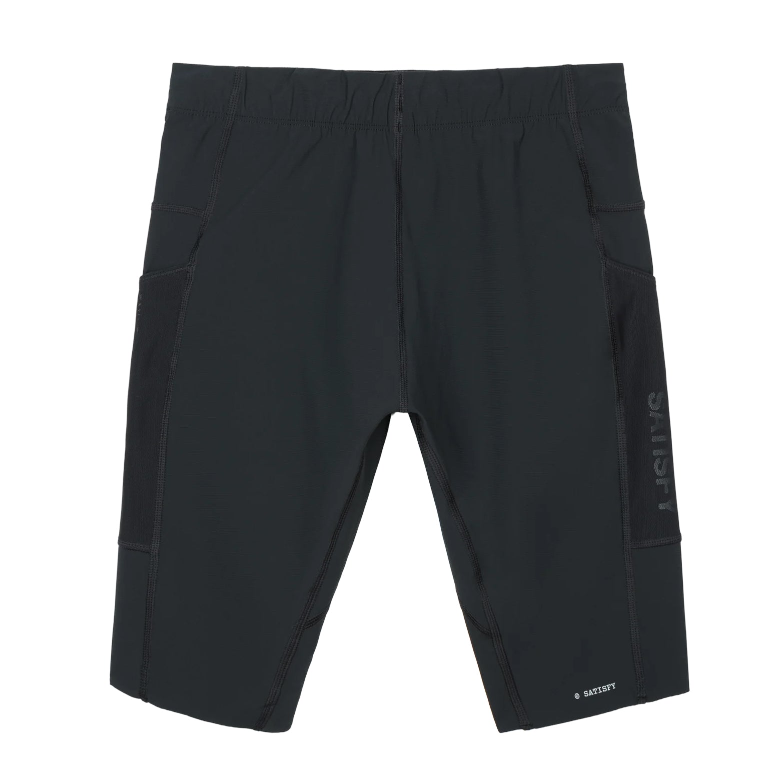 Satisfy TechSilk Evo 9 Inch Half Tights Black back view showing elastic bonded waistband with stealth-reflective SATISFY logo and anti-chafe flat seam construction