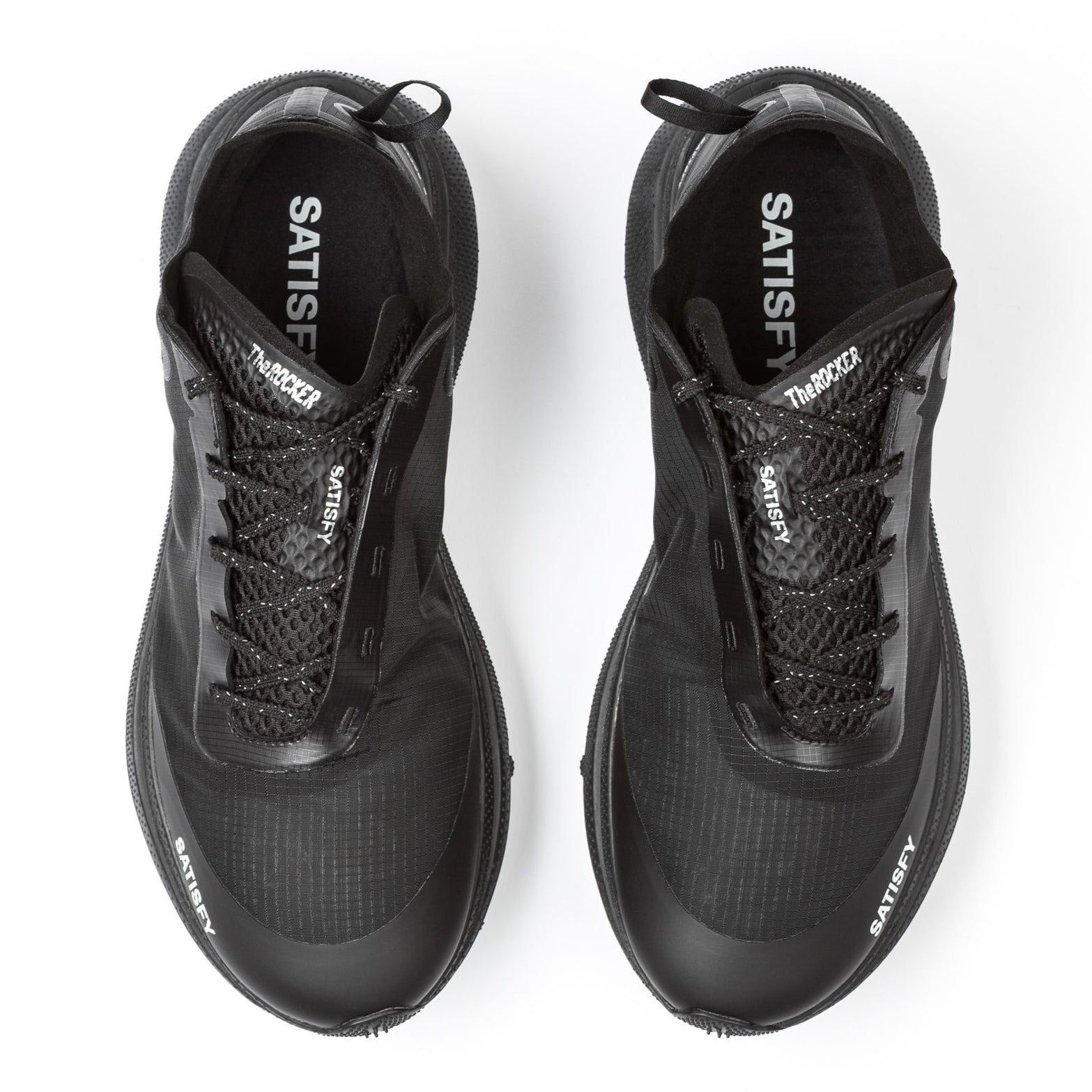 Satisfy TheROCKER Trail Running Shoes Jet Black pair top view showing Rippy 66 high-tenacity monomesh upper and serrated laces