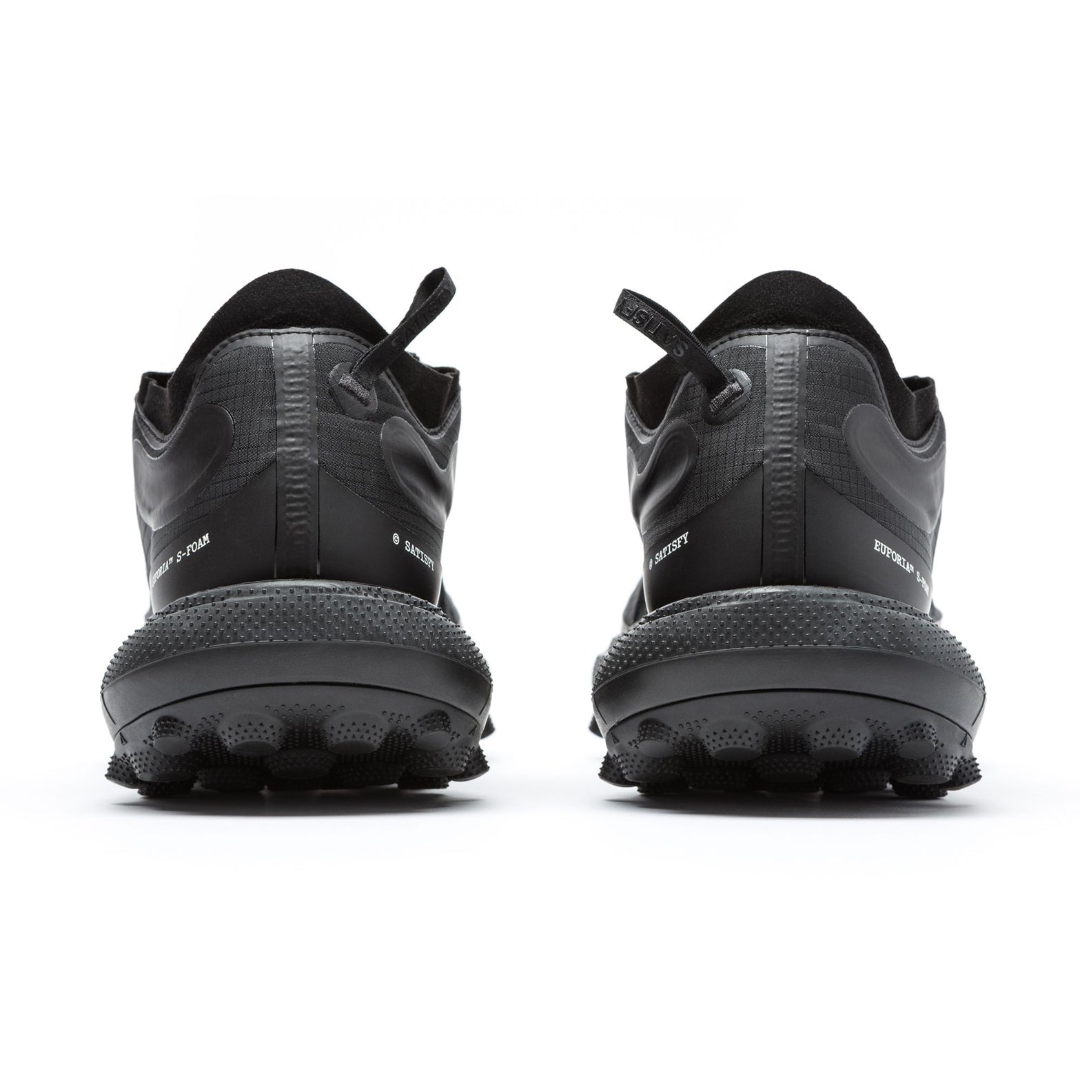 Satisfy TheROCKER Trail Running Shoes Jet Black pair heel view showing D-width heel construction and Euforia midsole foam stack