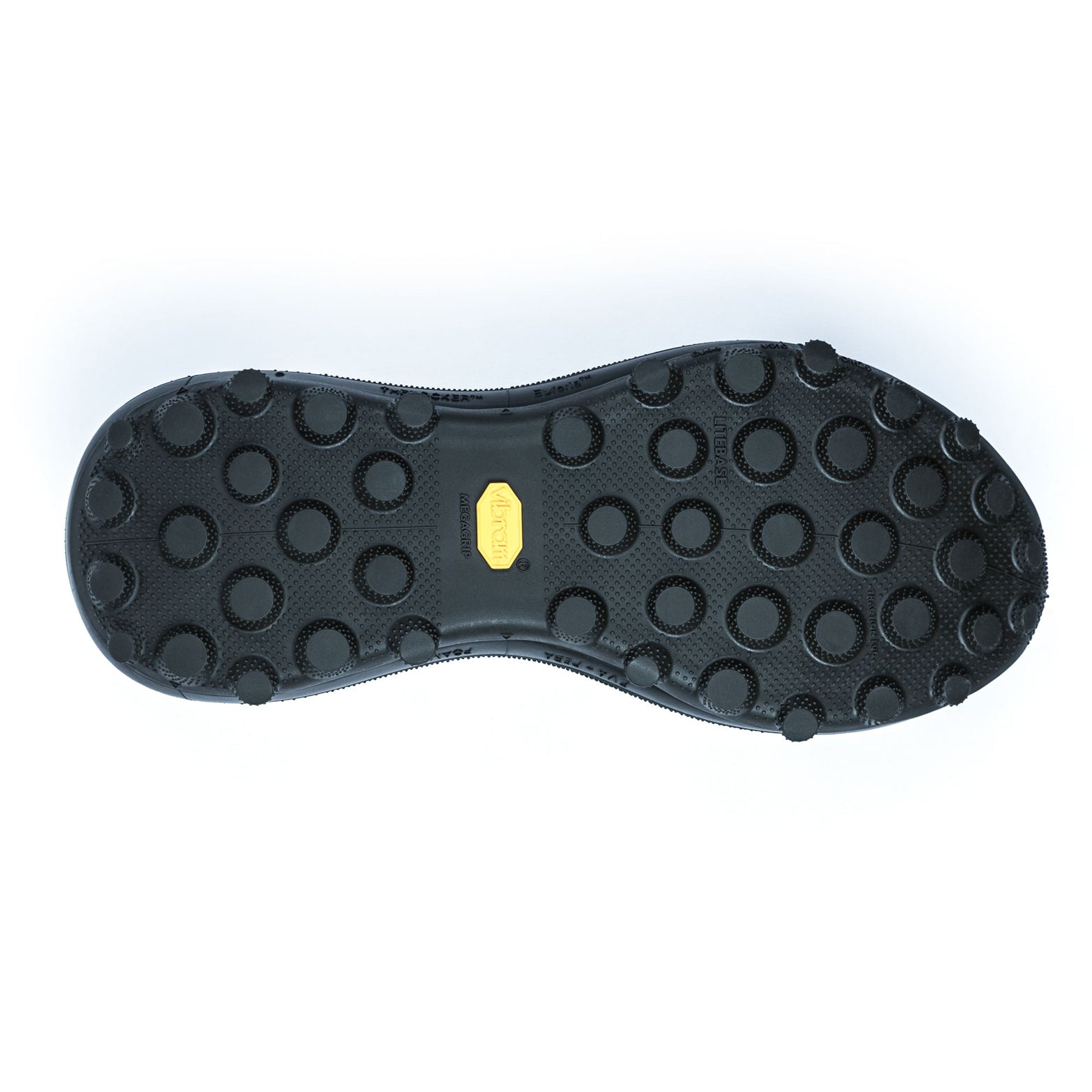Satisfy TheROCKER Trail Running Shoes Jet Black sole view displaying TuneLug conical lug geometry with Vibram Megagrip and 360° wrap