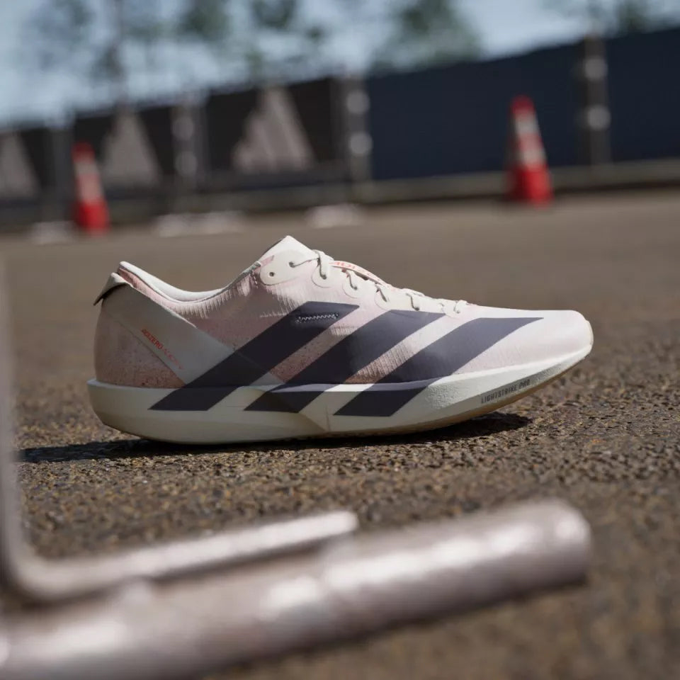 adidas Men's Adizero Adios 9 Running Shoes Chalk White / Grey Strata / Impact Orange - achilles heel