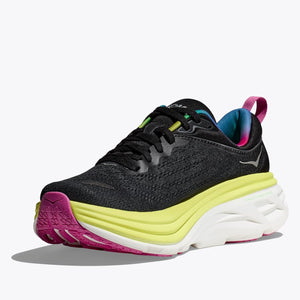 Hoka Women's Bondi 8 Running Shoe Black / Citrus Glow - achilles heel