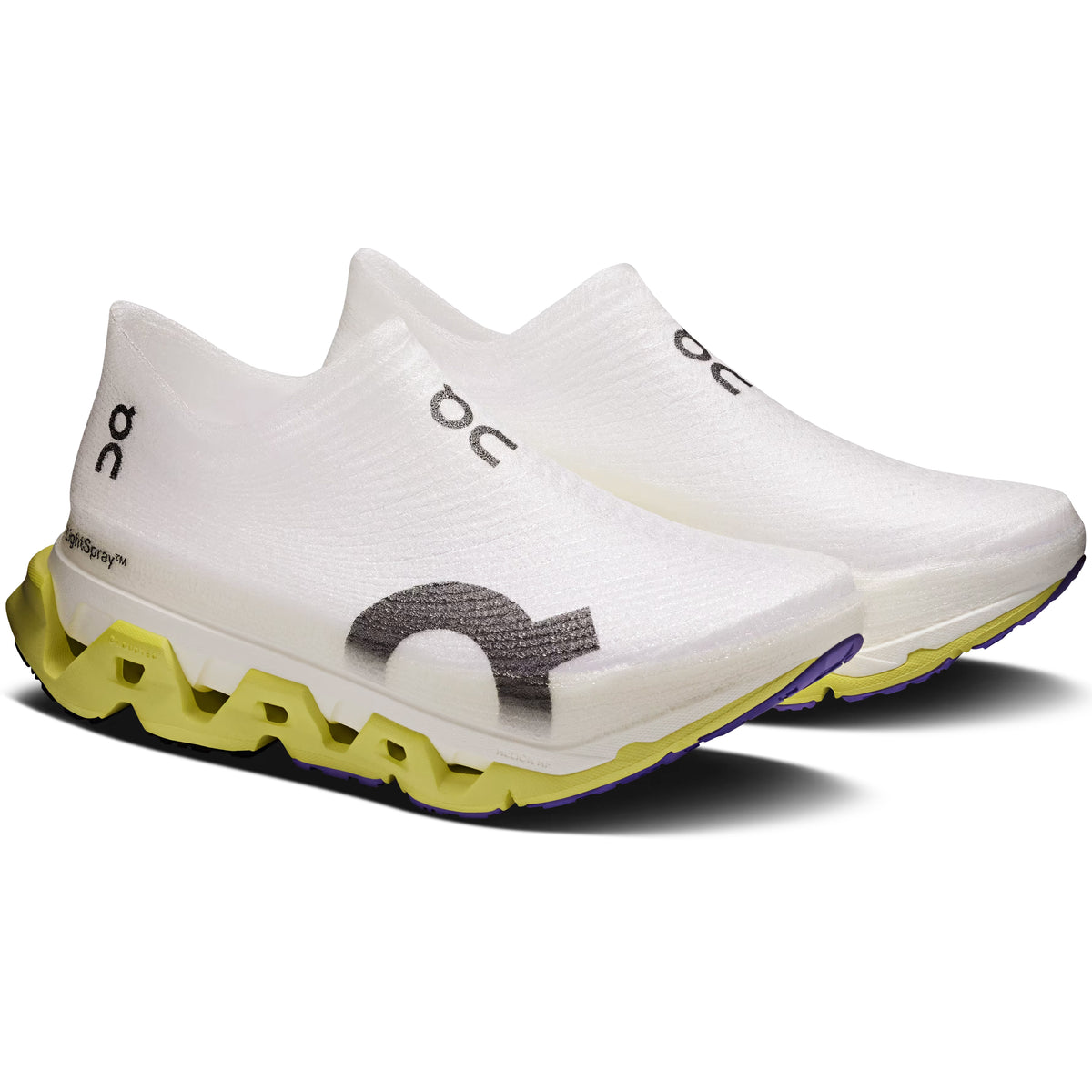 A pair of white slip-on athletic shoes with thick, textured yellow soles and black ON branding on the sides and top.