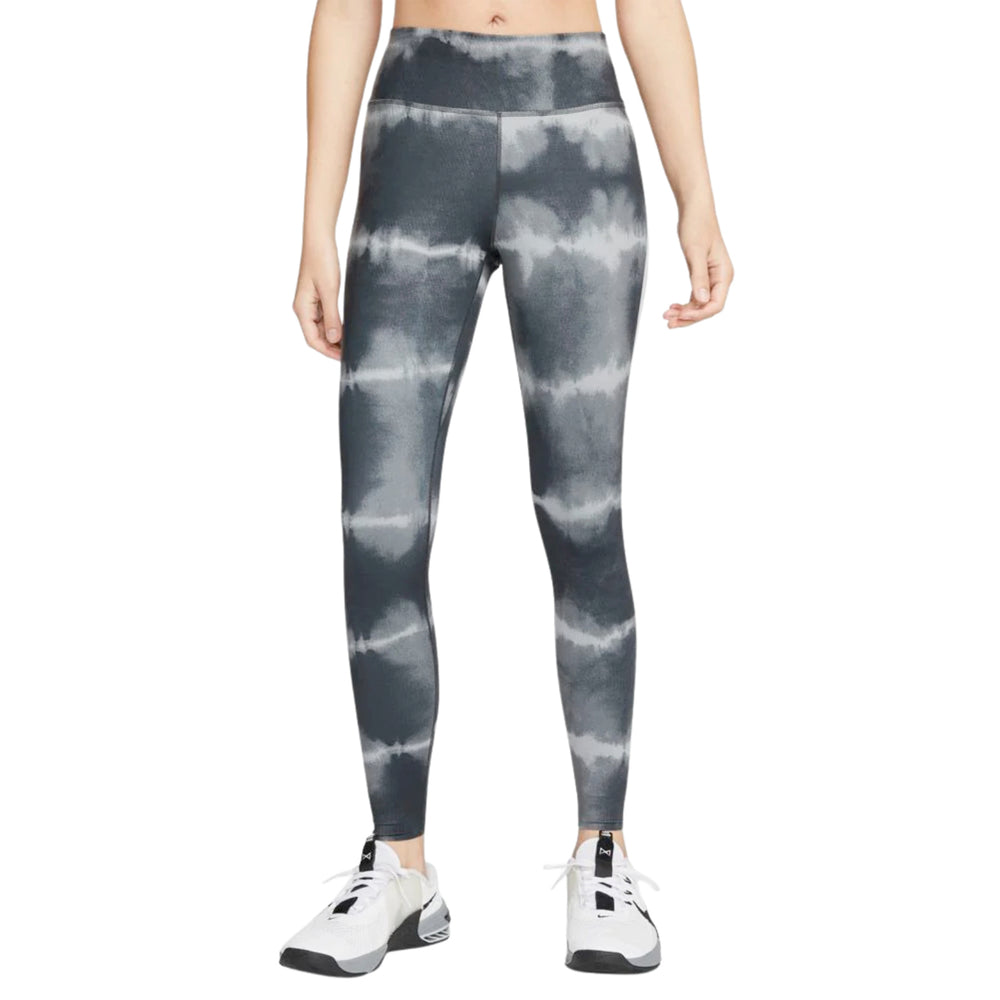 Nike Women's Dri-FIT One Luxe Mid-Rise Printed Training Leggings Black / White / Clear - Achilles Heel