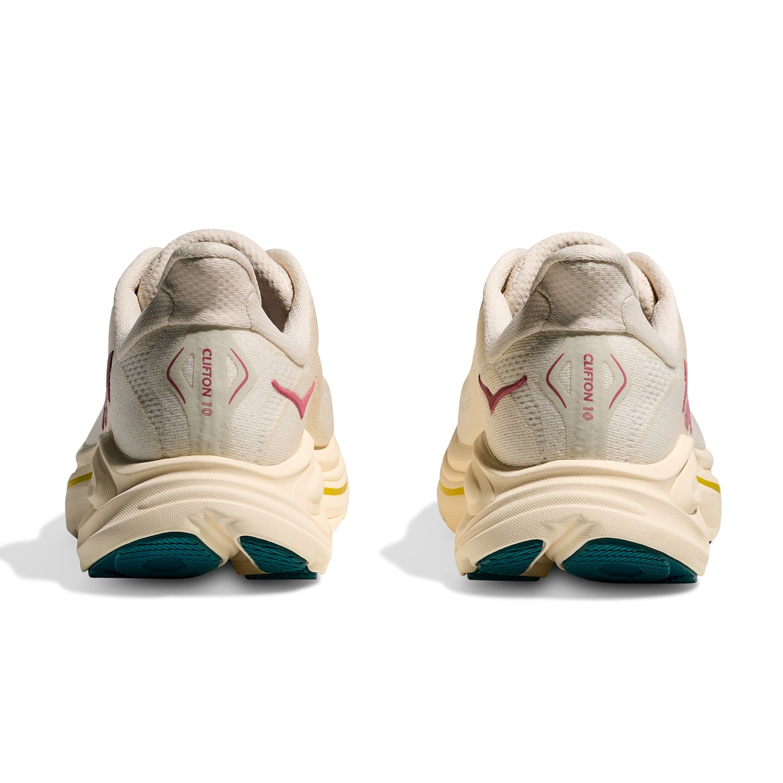 HOKA Clifton 10 Birch Alabaster heel view highlighting extra heel cushioning and reflective upper details