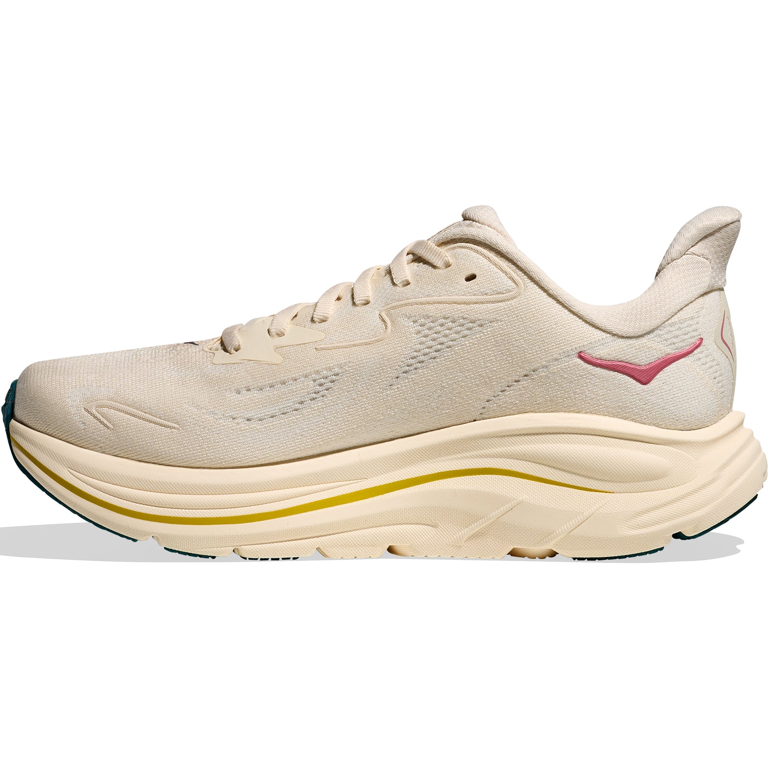 HOKA Clifton 10 Birch Alabaster inner side view featuring rearfoot-focused Active Foot Frame and ultralight construction