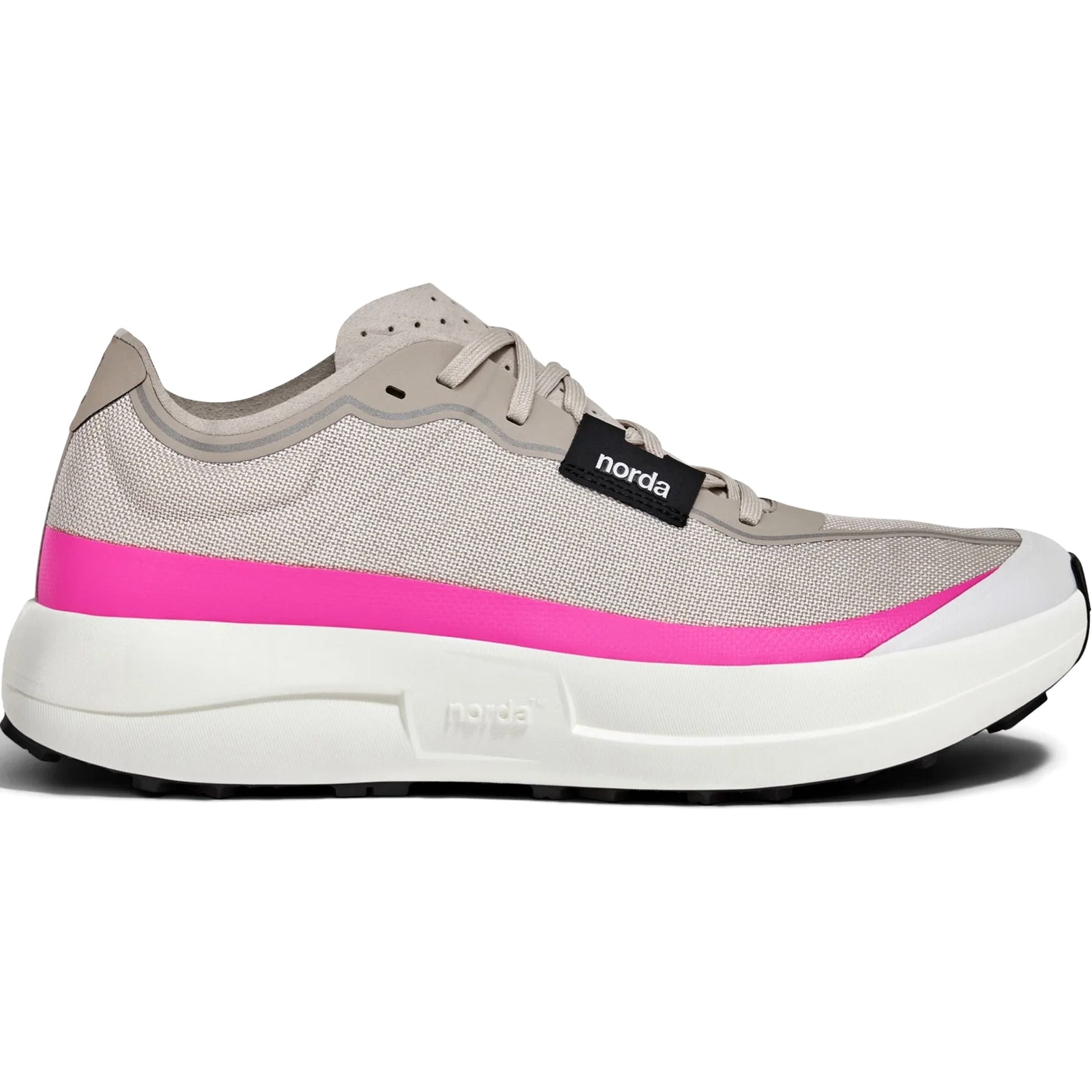 Women's norda 005 Trail Running Shoes Comet outer side view showing pure Arnitel TPEE midsole with Vibram Megagrip Elite rubber and Bio-Dyneema upper for lightest trail racing super shoe