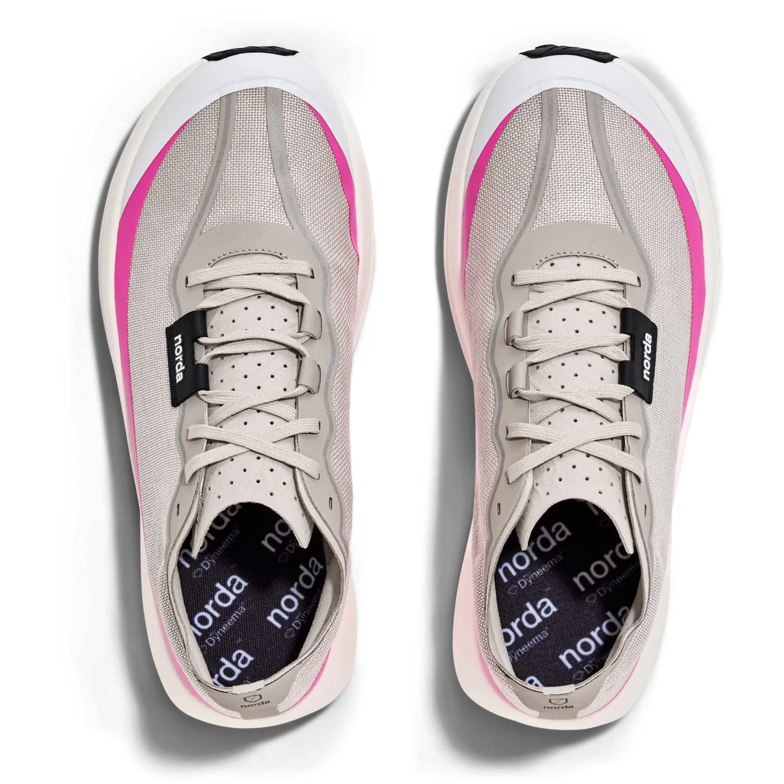 Women's norda 005 Trail Running Shoes Comet top view showing open mesh Bio-Dyneema upper with perforated microsuede tongue and reflective piping for trail racing visibility