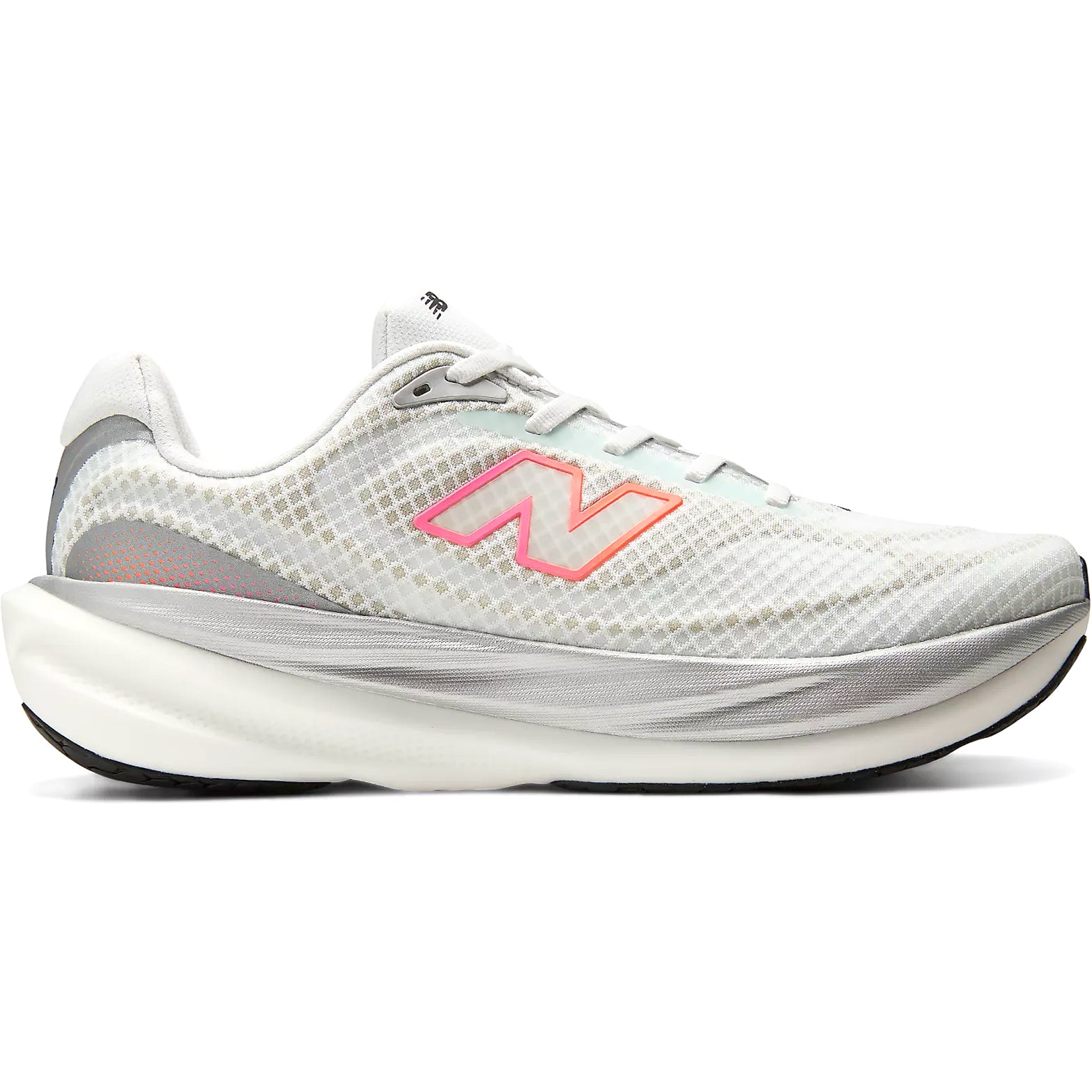New Balance 1080v15 Breathe women's running shoe in White / Pink Heat / Tangerine Heat — outer view showing white perforated mesh upper with pink heat and tangerine heat accent detailing and Infinion midsole profile