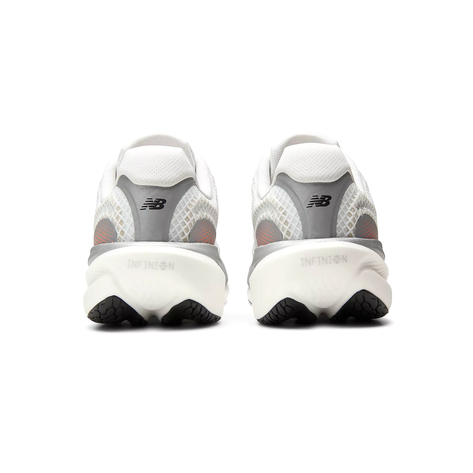New Balance 1080v15 Breathe women's running shoe in White / Pink Heat / Tangerine Heat — heel view showing moulded contour heel construction, padded collar and tangerine heat Infinion midsole contrast