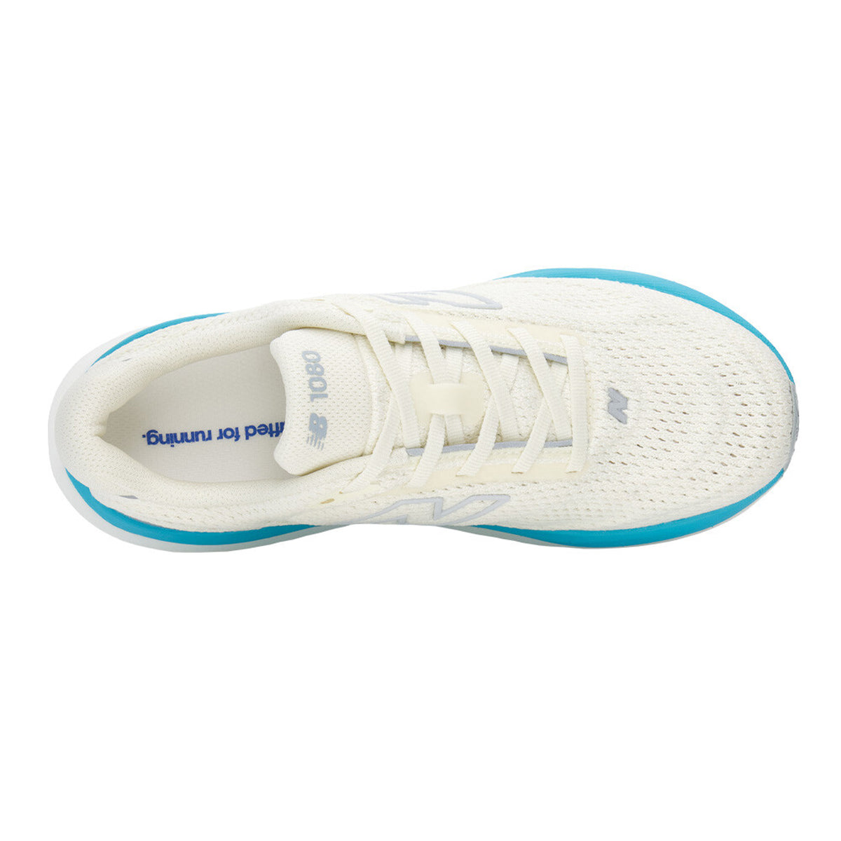 Women's New Balance 1080v15 Running Shoes Angora Blue Glaze top view showing perforated mesh upper with moulded contour details for lightweight breathable heritage-inspired design