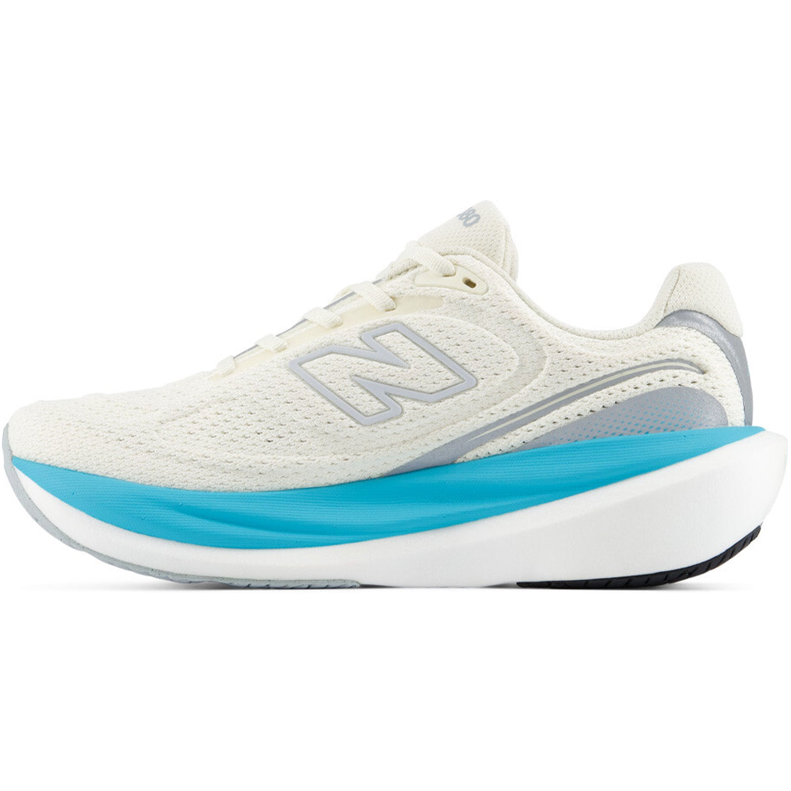 Women's New Balance 1080v15 Running Shoes Angora Blue Glaze inner side view showing Infinion foam cushioning with rubber outsole for long-lasting performance across high-mileage daily running
