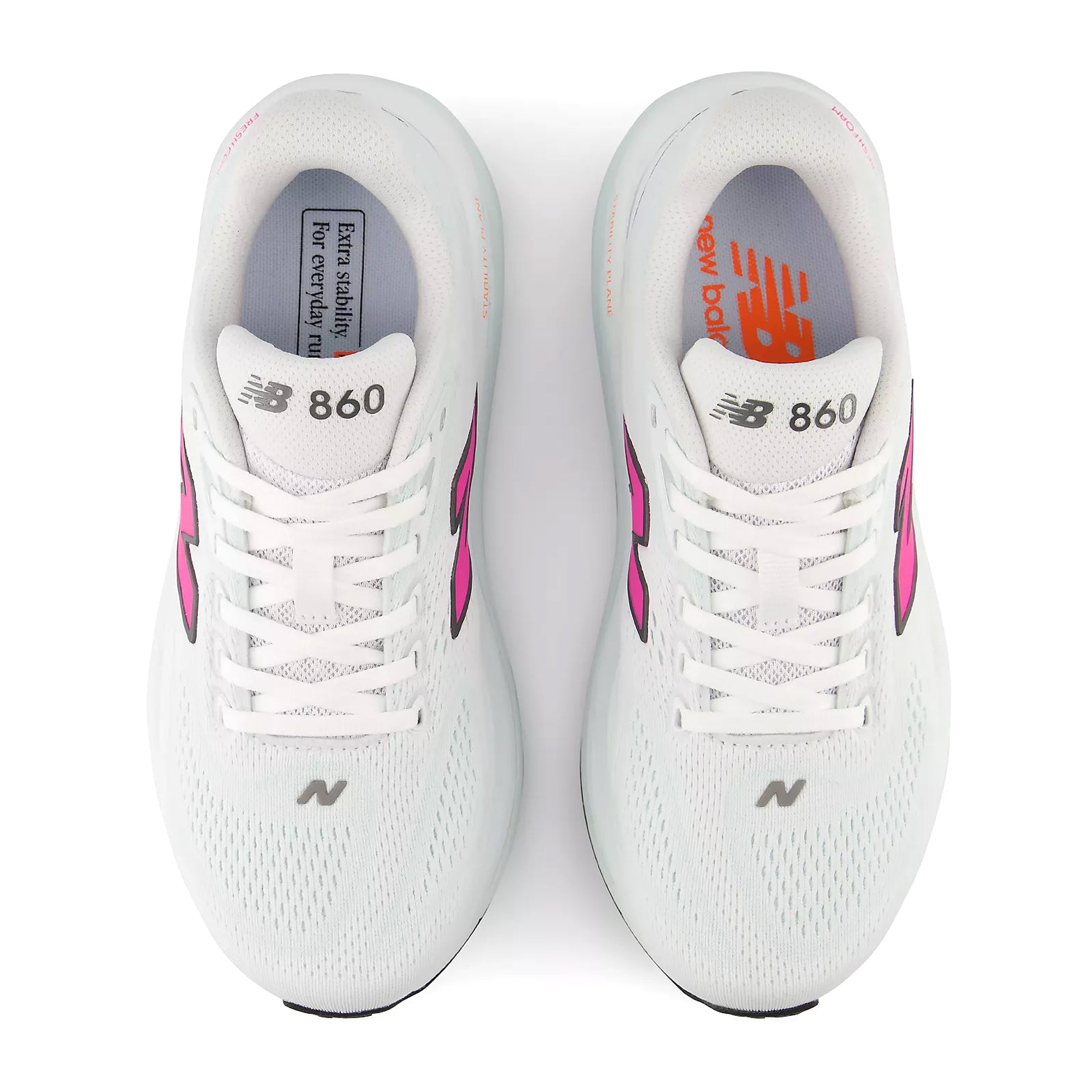 New Balance 860v15 women's running shoe in White / Pink Heat / Glint Blue — top-down view showing white synthetic upper construction, lace closure and pink heat accent detailing