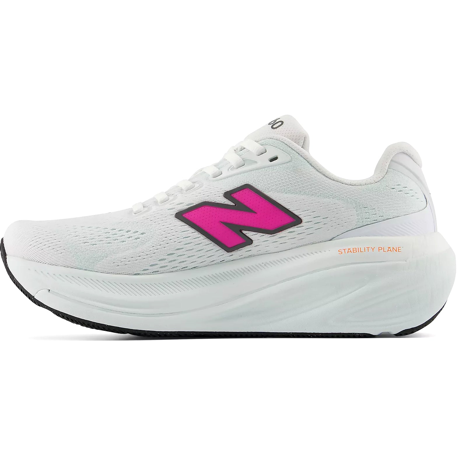 New Balance 860v15 women's running shoe in White / Pink Heat / Glint Blue — inner view showing white synthetic upper, glint blue midsole detailing and medial post Stability Plane construction