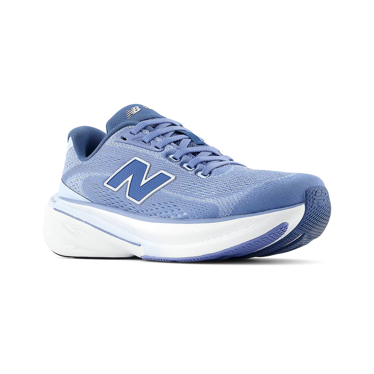New Balance 860v15 Wide Fit women's running shoe in Fairweather Blue / Silver Metallic — angled view showing heel construction, medial post support structure and fairweather blue upper with silver metallic midsole contrast