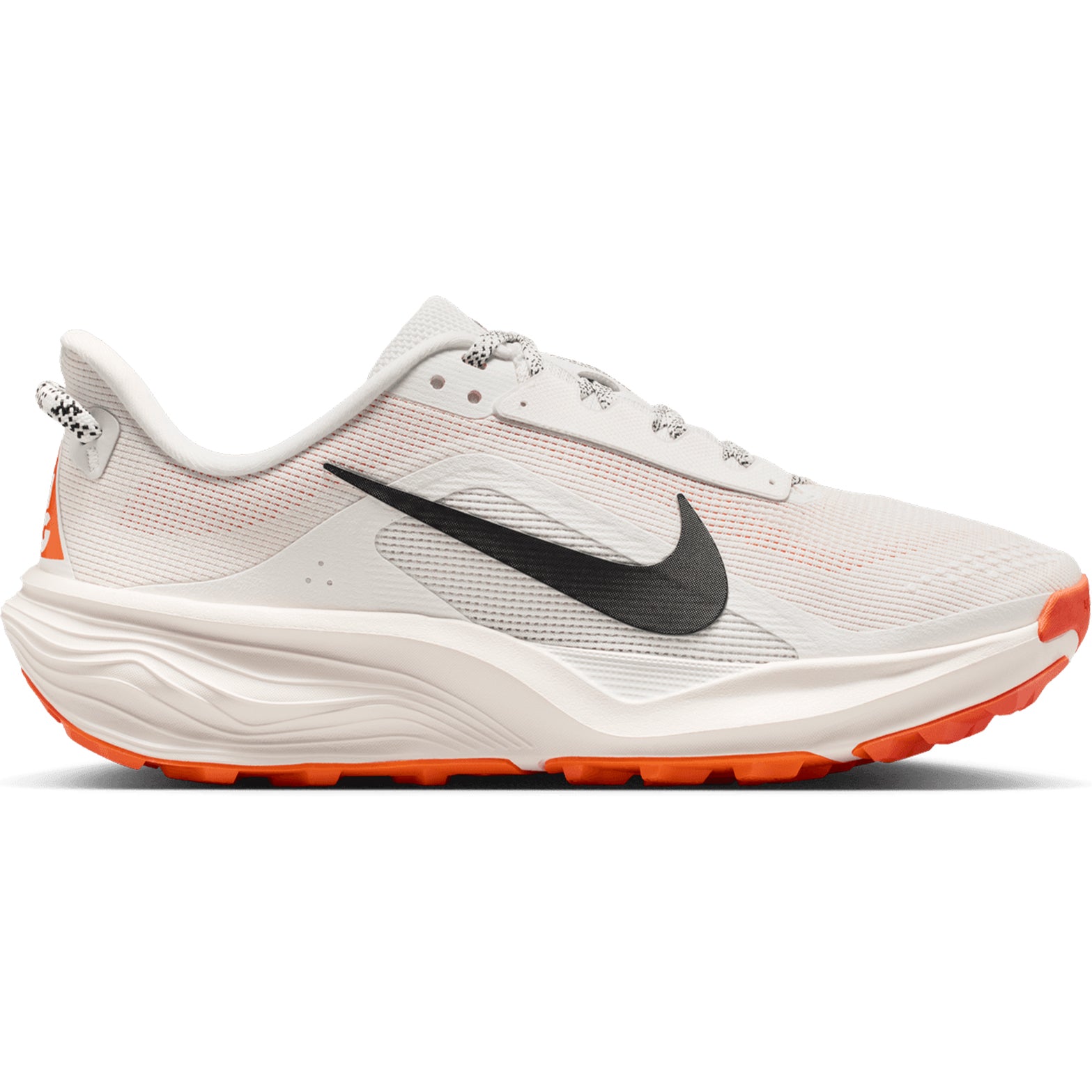 Nike ACG Pegasus Trail women's running shoe in Summit White / Phantom / Safety Orange / Black — outer view showing summit white engineered mesh upper with phantom, safety orange and black accent detailing and ReactX foam midsole profile