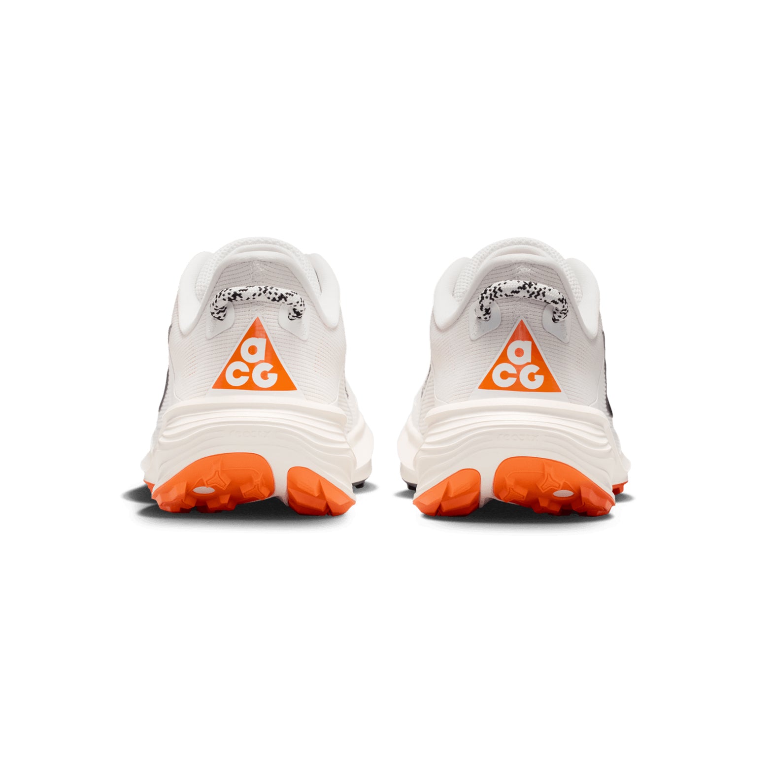 Nike ACG Pegasus Trail women's running shoe in Summit White / Phantom / Safety Orange / Black — heel view showing structured trail support construction, safety orange heel detailing and phantom ReactX foam midsole contrast