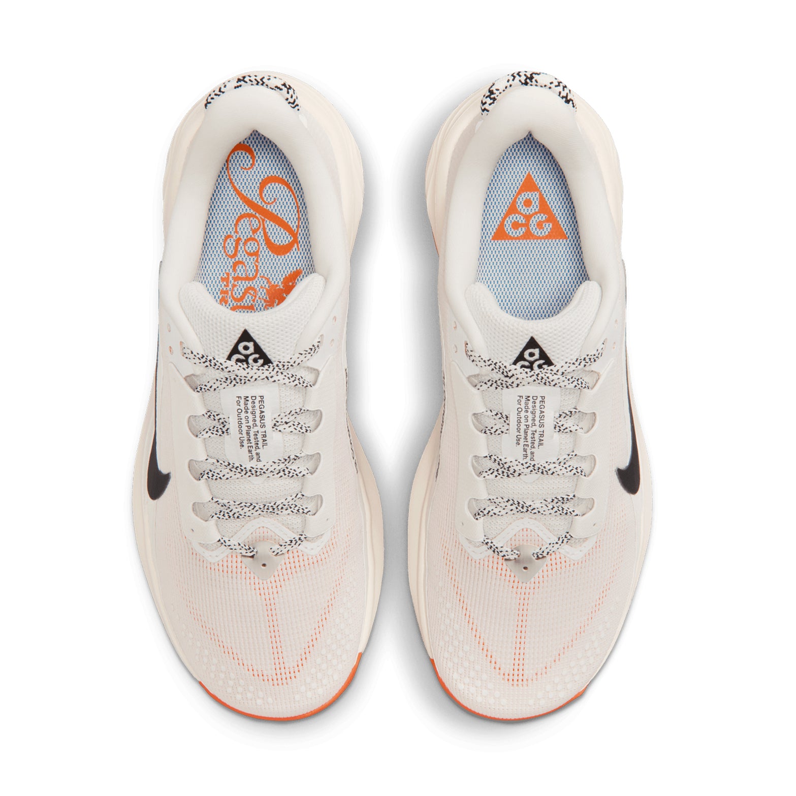 Nike ACG Pegasus Trail women's running shoe in Summit White / Phantom / Safety Orange / Black — top-down view showing summit white engineered mesh upper construction, lace closure and phantom, safety orange and black accent detailing with wider forefoot width