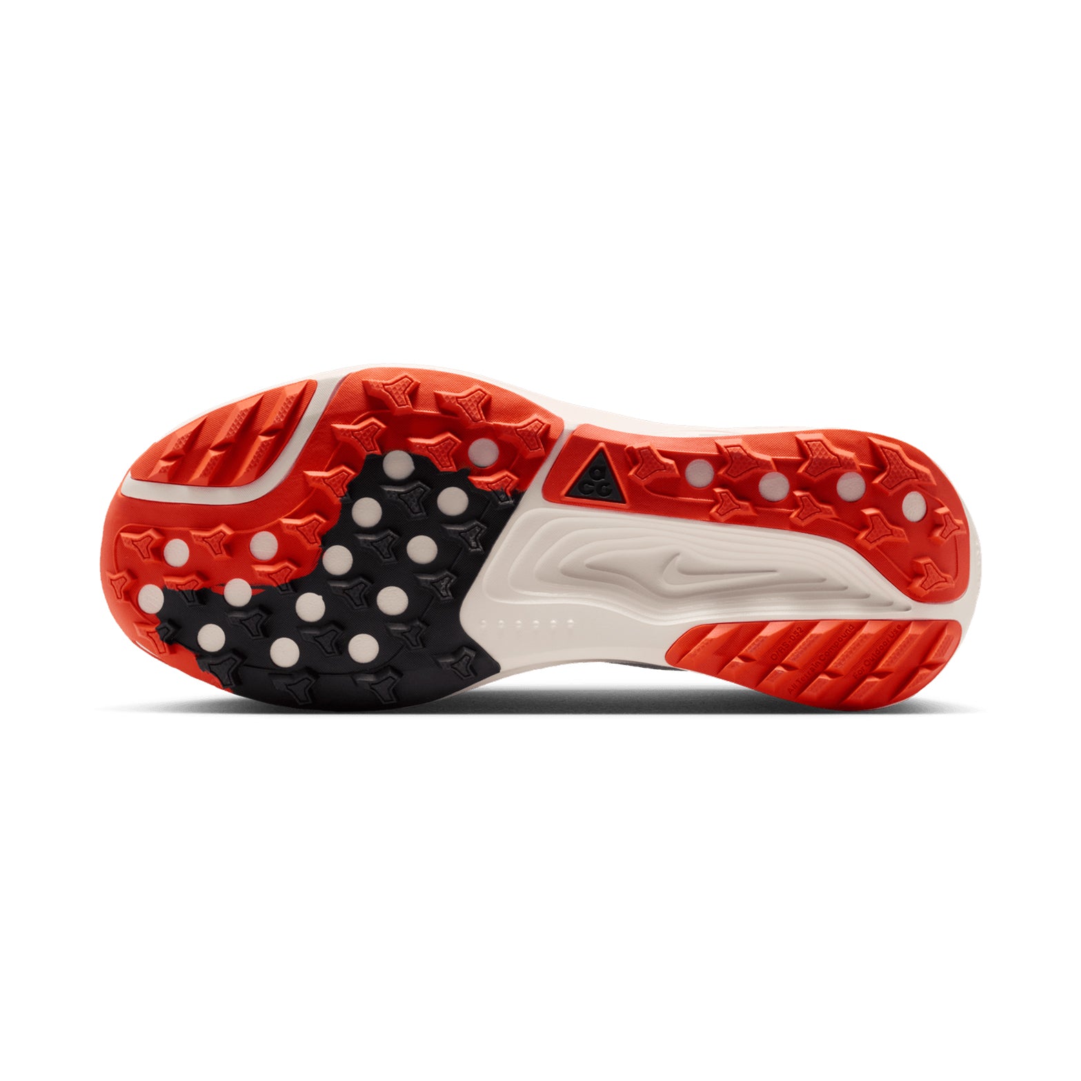 Nike ACG Pegasus Trail women's running shoe in Summit White / Phantom / Safety Orange / Black — outsole view showing All Terrain Compound traction pattern and phantom ReactX foam midsole stack profile with increased stack height