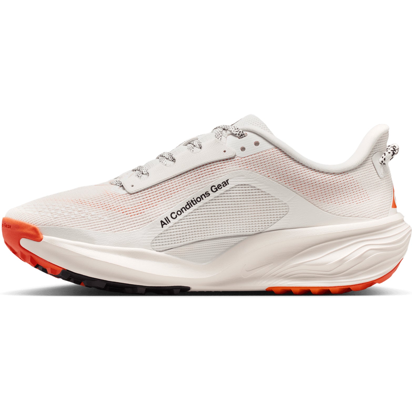 Nike ACG Pegasus Trail women's running shoe in Summit White / Phantom / Safety Orange / Black — inner view showing summit white engineered mesh upper, phantom midsole detailing, wider forefoot design and ReactX foam cushioning construction