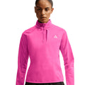 Women's Nike ACG Wolf Grid Therma-FIT 1/2 Zip Top Desert Pink Light Crimson Summit White front product view showing checkerboard grid fleece with half-zip design and embroidered ACG logo