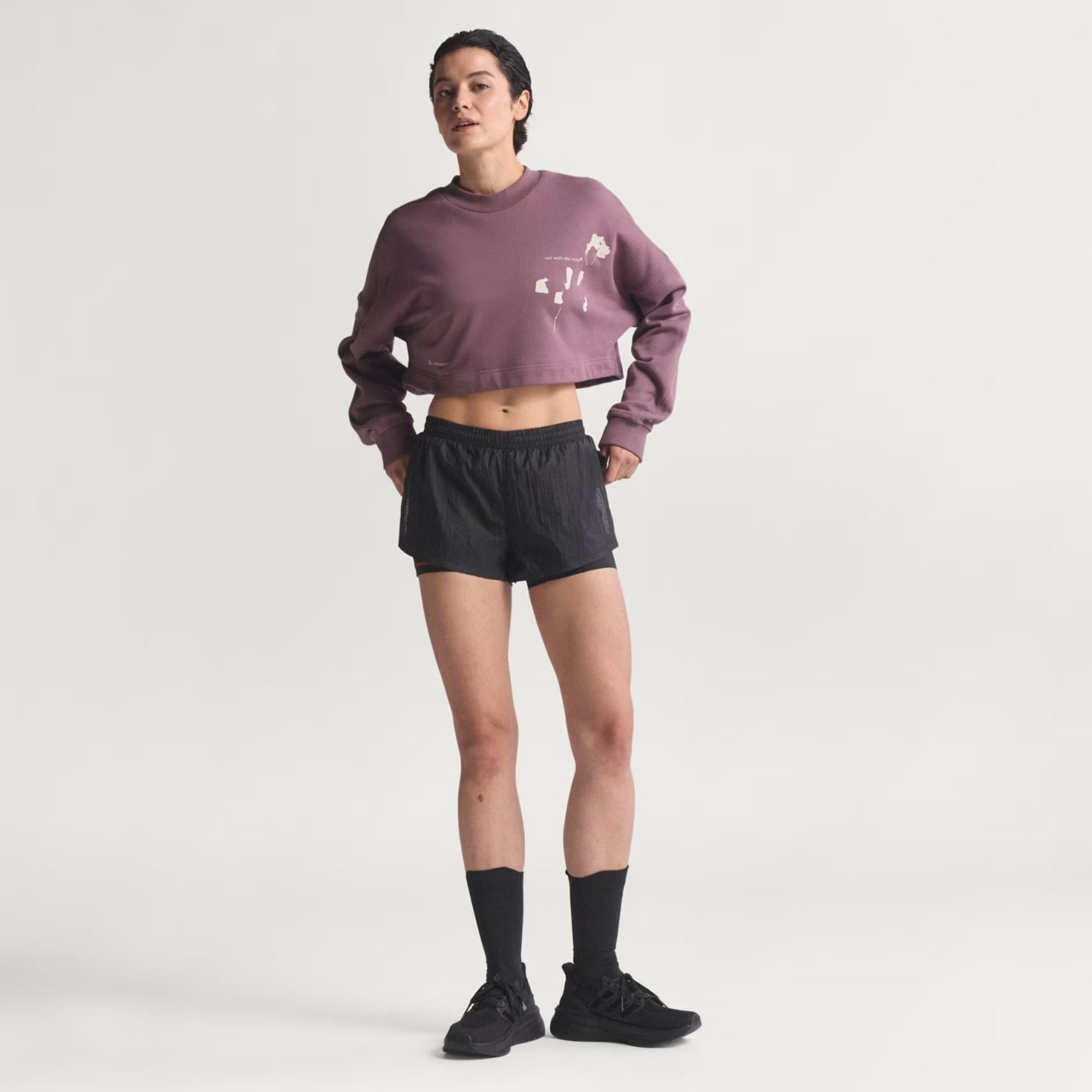 Women's adidas Adi365 H.Koumori Running Crew Top Shadow Fig front full body view on female runner showing modern streetwear-inspired loose fit with 100% cotton French terry for casual running lifestyle and recovery wear