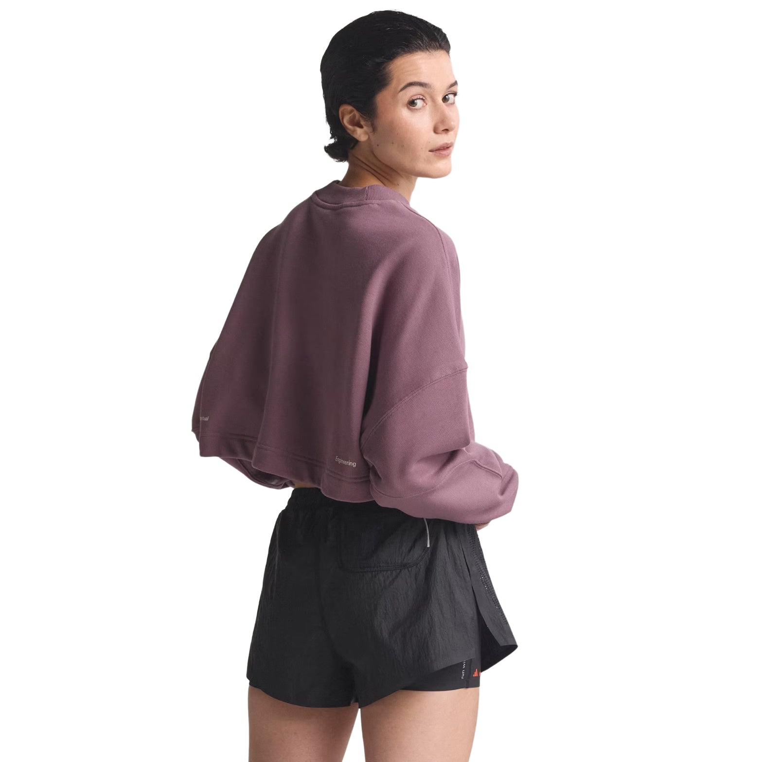 Women's adidas Adi365 H.Koumori Running Crew Top Shadow Fig back view on female runner showing relaxed silhouette with high-density print detailing and soft French terry construction