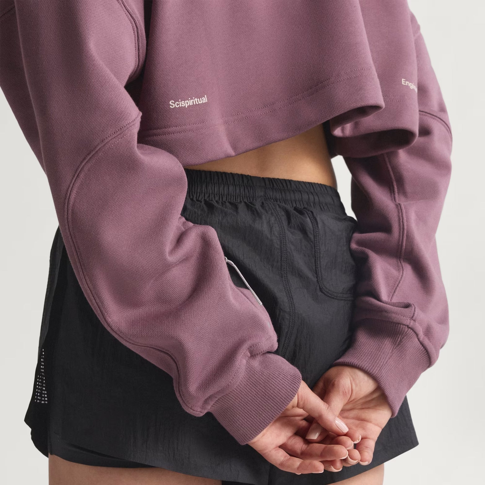 Women's adidas Adi365 H.Koumori Running Crew Top Shadow Fig close-up of back hem and ribbed cuffs showing pre-shaped sleeves with structured finish and French terry construction