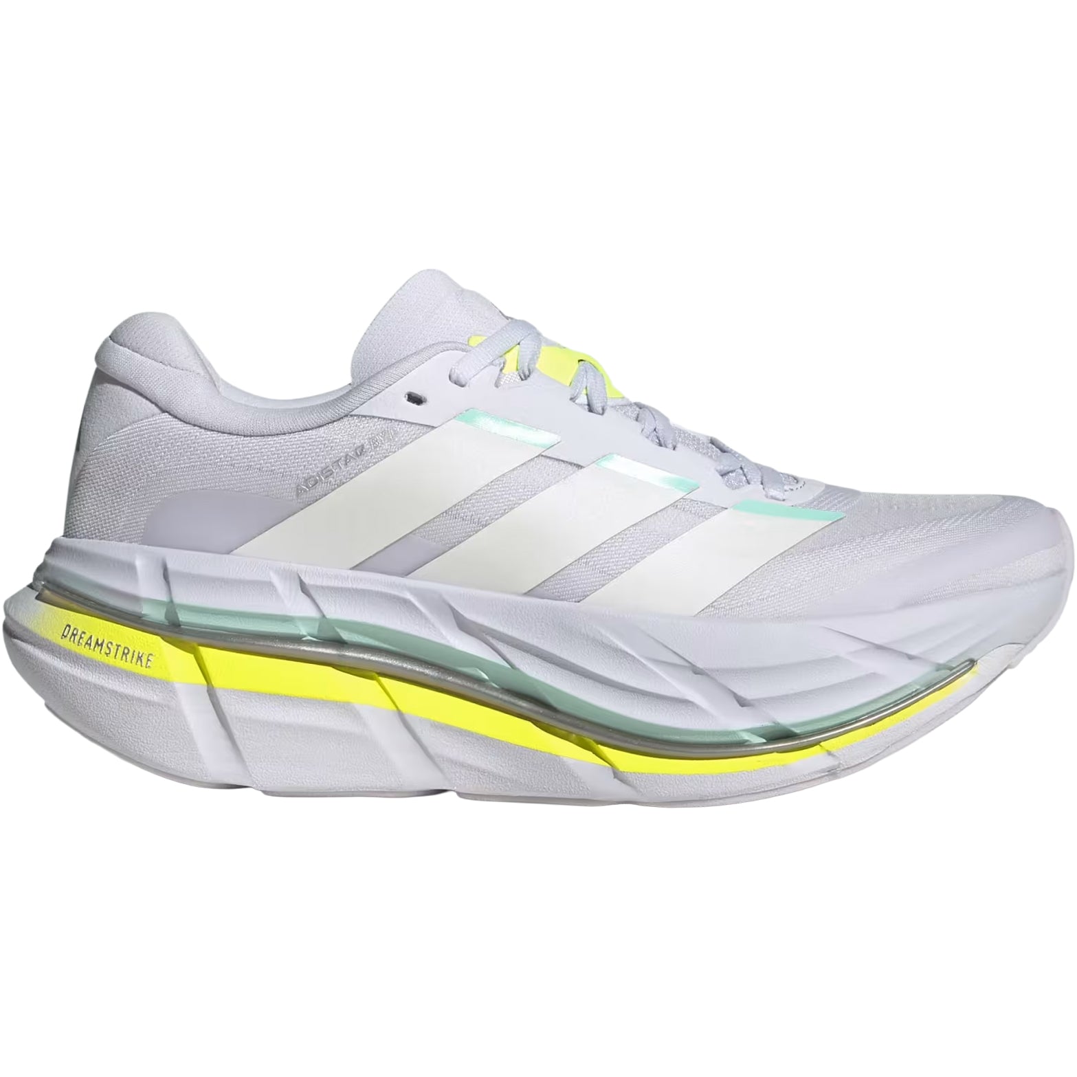 Women's Adidas Adistar BYD 2 Running Shoes Frozen Purple Chalk White Hi-Res Yellow outer side view showing Dreamstrike foam midsole with rocker geometry for smooth supportive long-distance running