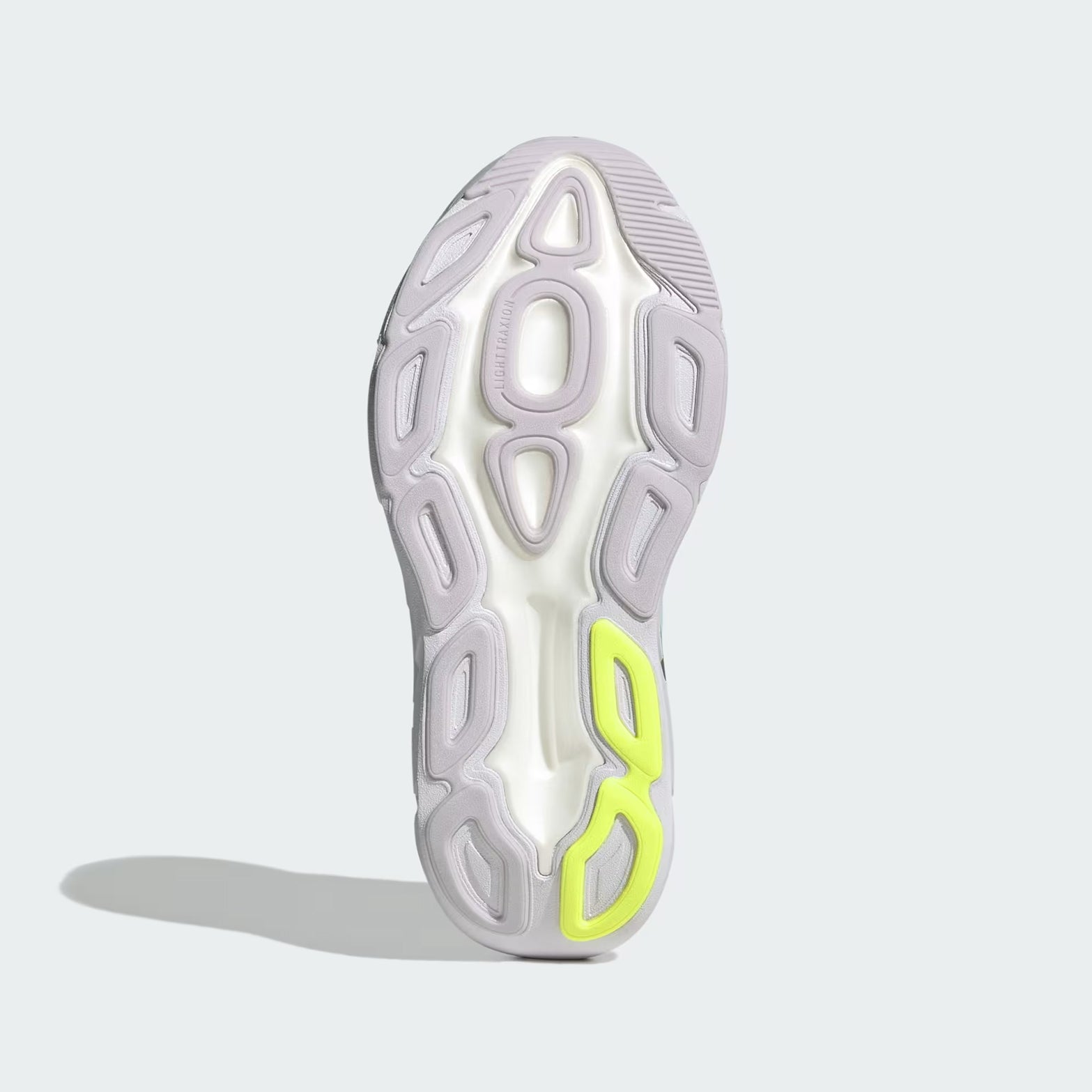 Women's Adidas Adistar BYD 2 Running Shoes Frozen Purple Chalk White Hi-Res Yellow sole view displaying midsole rocker geometry for efficient heel-to-toe rolling motion during long-distance training