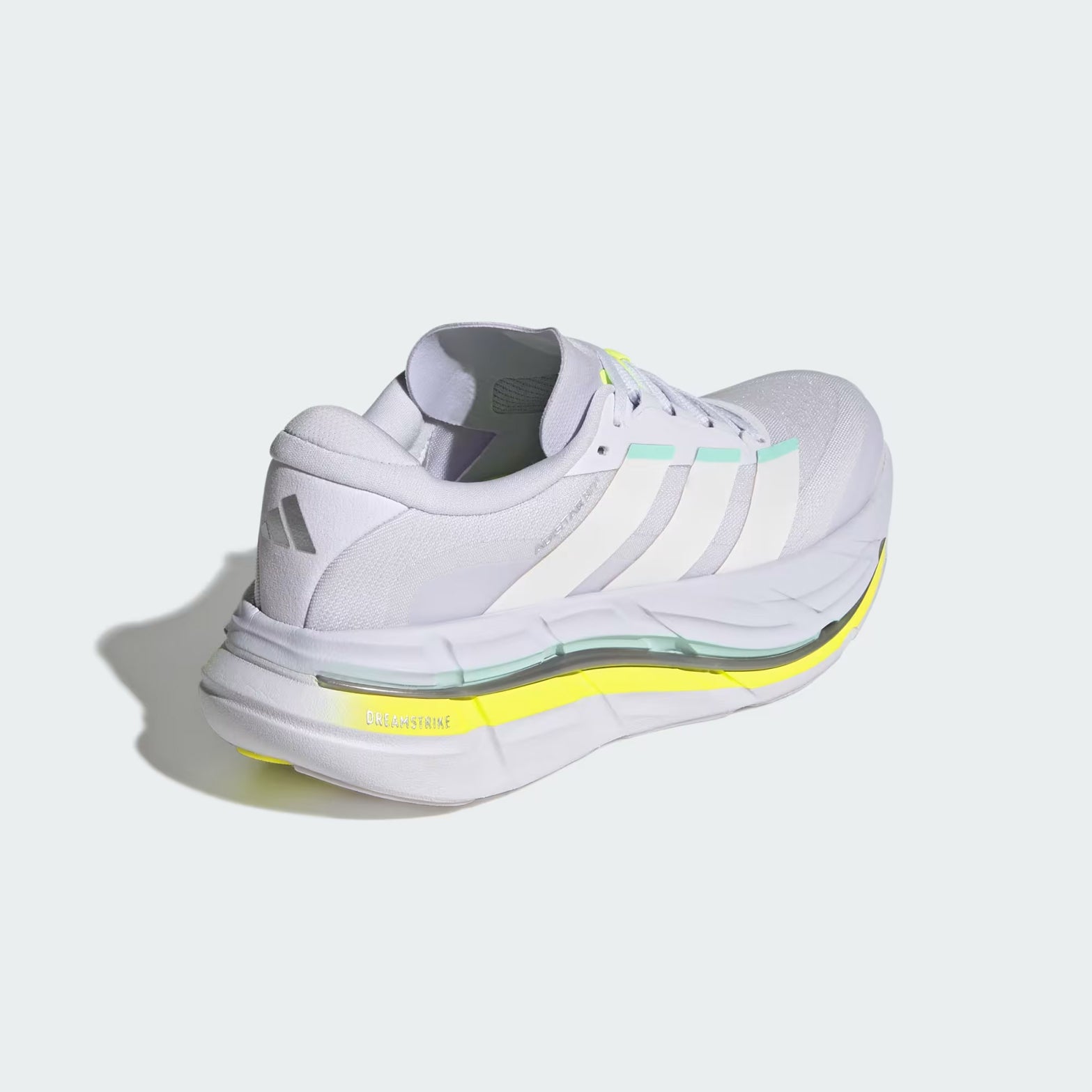 Women's Adidas Adistar BYD 2 Running Shoes Frozen Purple Chalk White Hi-Res Yellow heel view showing Dreamstrike foam with rocker geometry and distance last for cushioned impact protection during extended running