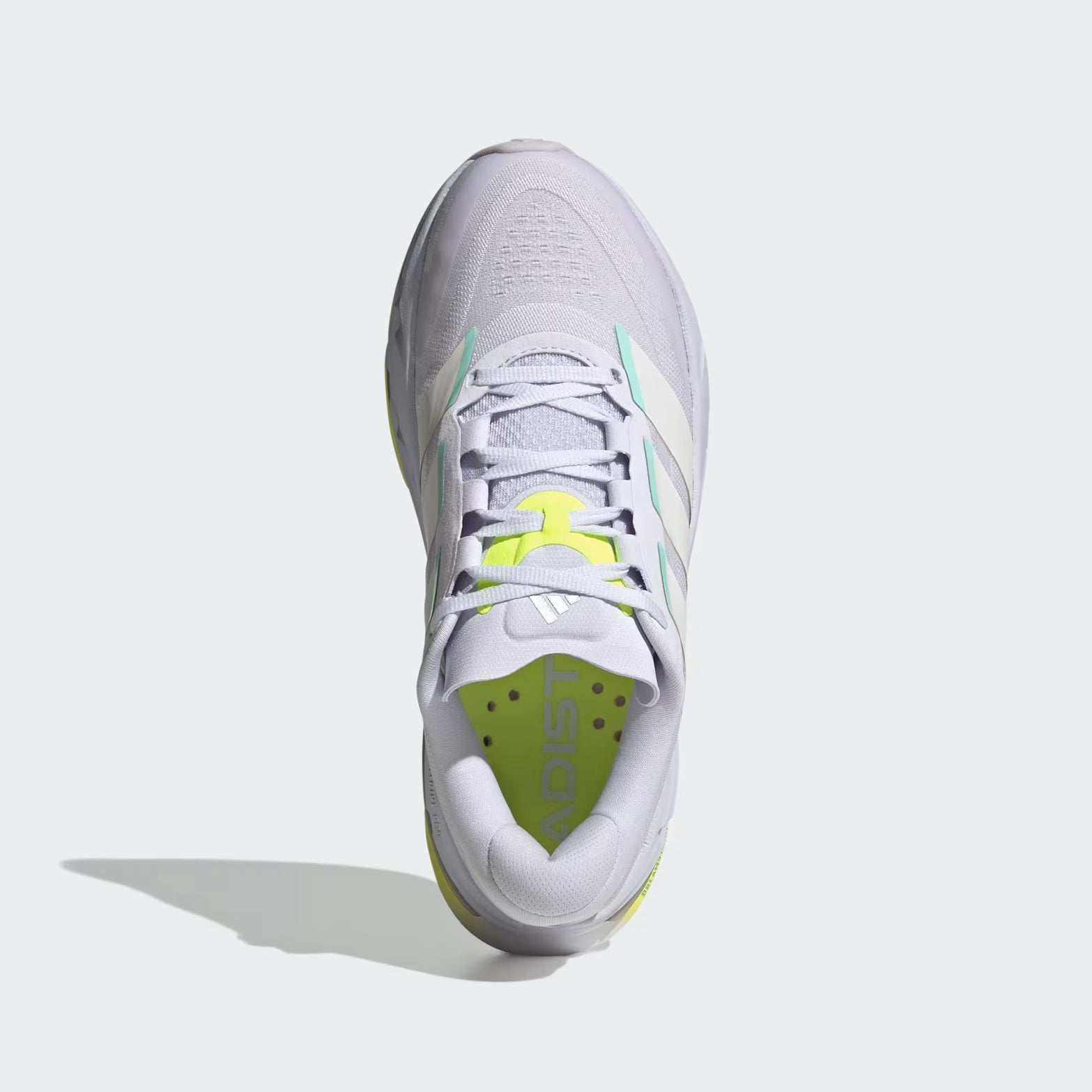 Women's Adidas Adistar BYD 2 Running Shoes Frozen Purple Chalk White Hi-Res Yellow top view showing adjustable lacing system with distance last construction for tailored long-distance running fit