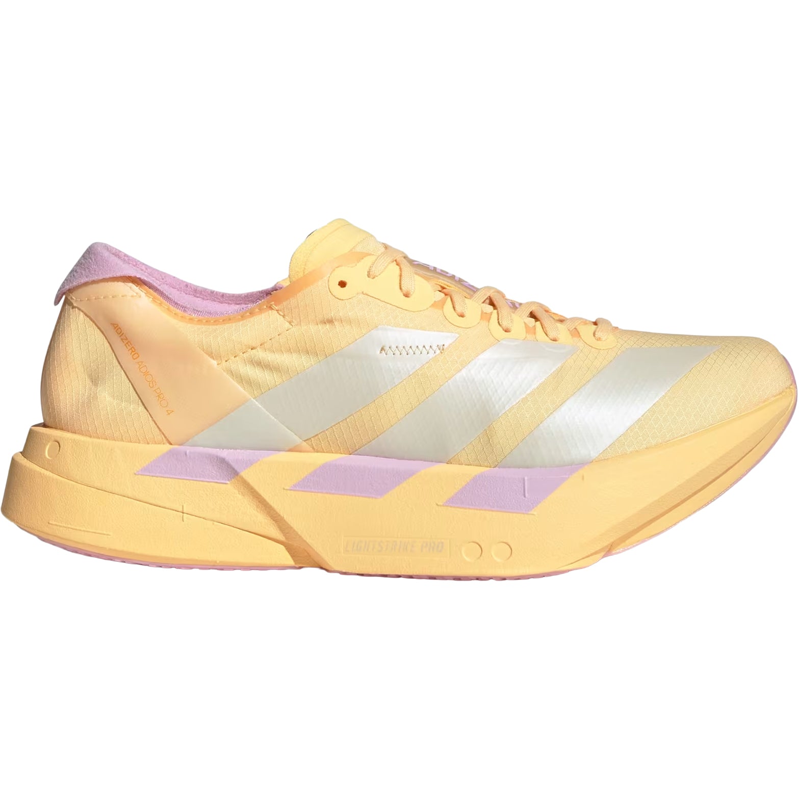 Women's adidas Adizero Adios Pro 4 Running Shoes Orange Pink outer side view showing carbon-plated racing construction with LIGHTSTRIKE PRO cushioning