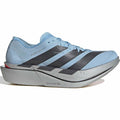The Women’s Adizero Adios Pro 5 Running Shoes Clear Sky by Adidas feature a light blue design with black stripes, LightstrikePro cushioning, and a curved sole for optimal marathon performance.