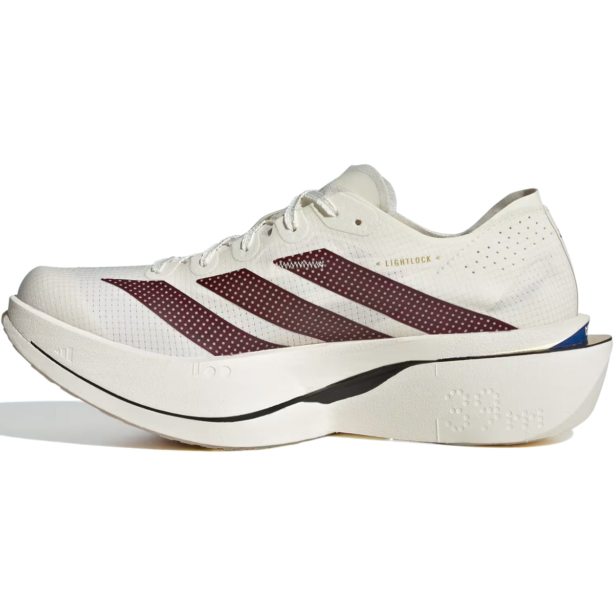Off-white Women’s Adizero Adios Pro 5 running shoe with three maroon perforated stripes on the side and a thick, curved white midsole.