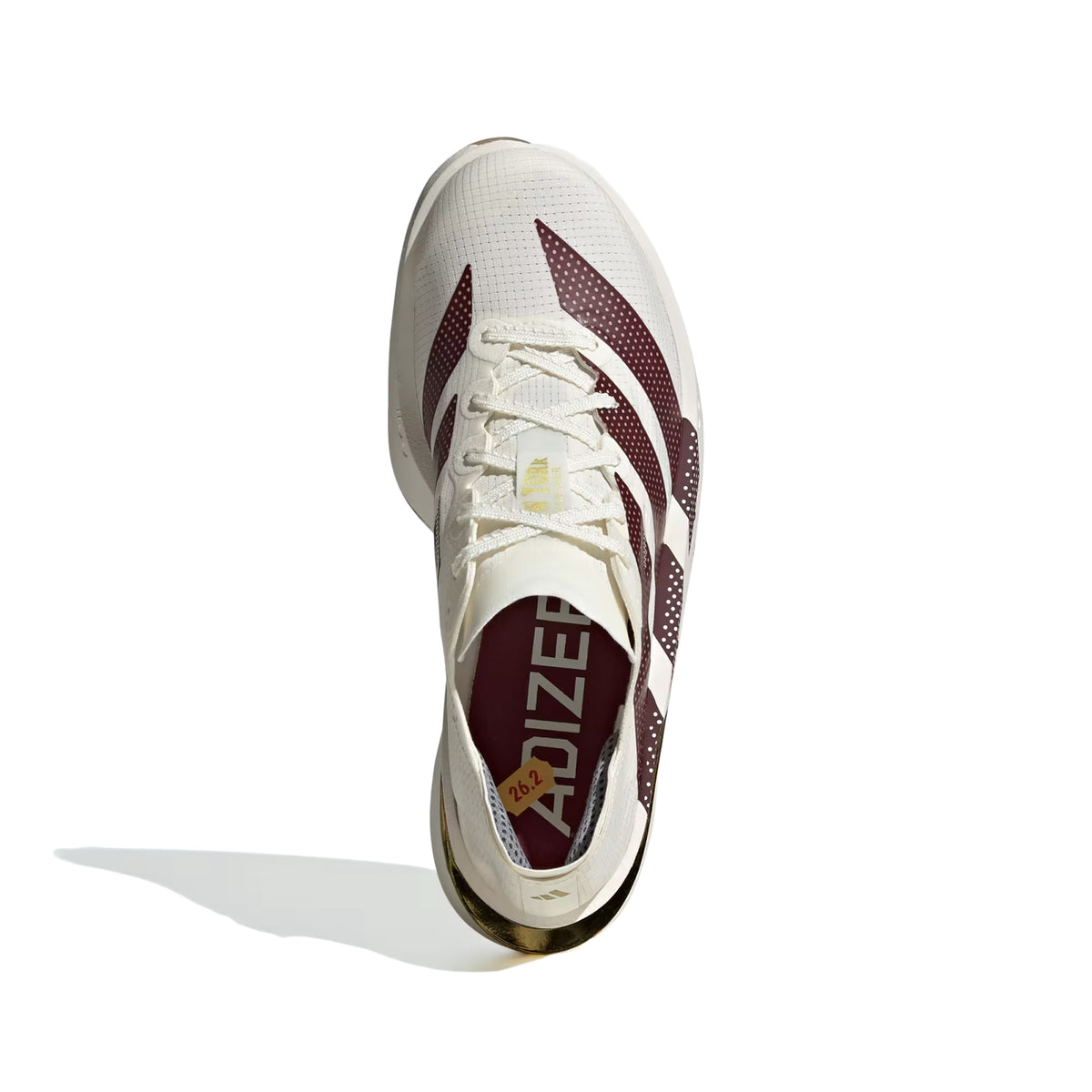 Top-down view of the Women’s Adizero Adios Pro 5 Running Shoes Off White / Shadow Red / Royal Blue in off-white with dark red accents and a gold heel counter.