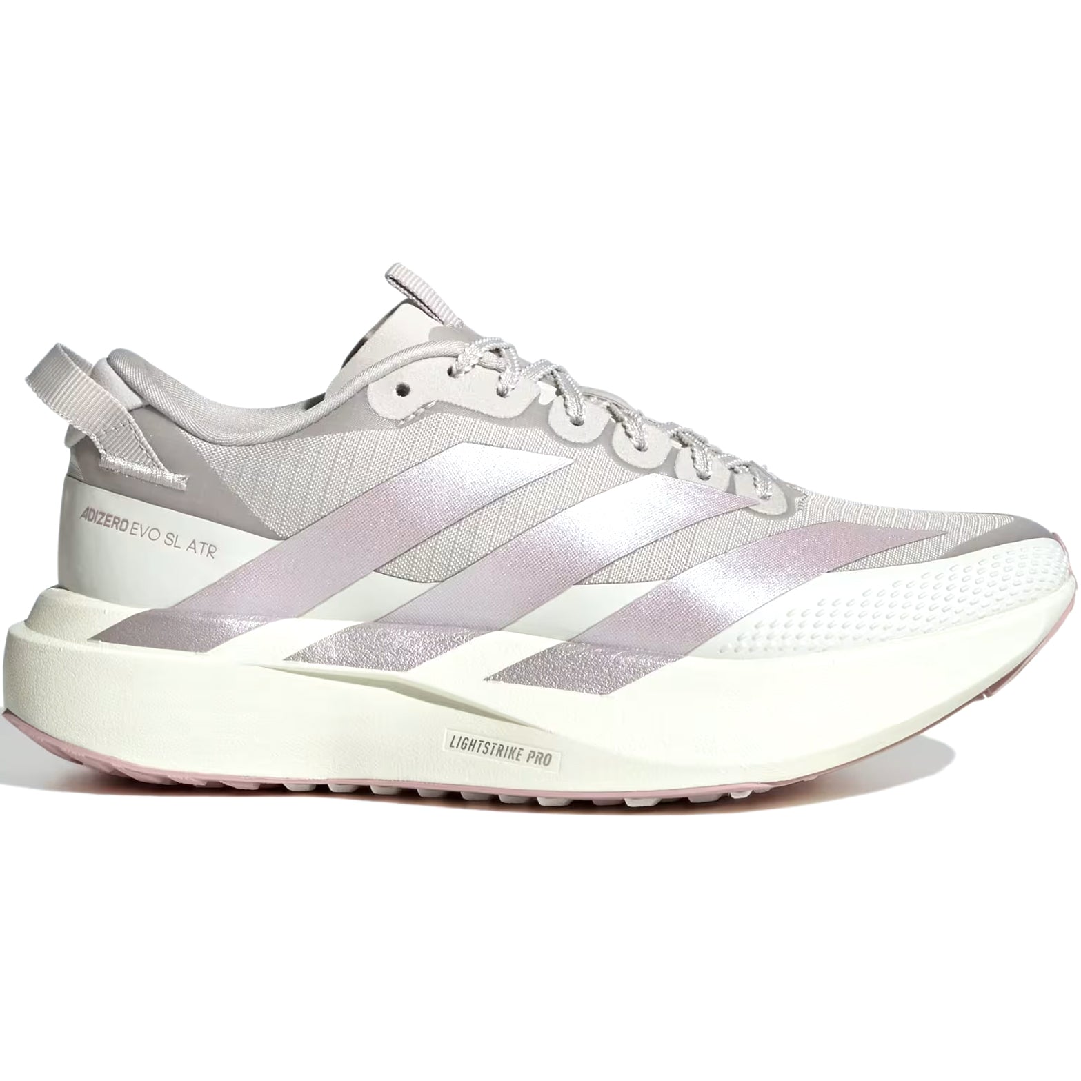 Women's adidas Adizero EVO SL ATR Running Shoes Grey One Ice Purple White Tint outer side view showing LIGHTSTRIKE PRO midsole with Continental rubber outsole and 1.5mm lugs for all-terrain speed