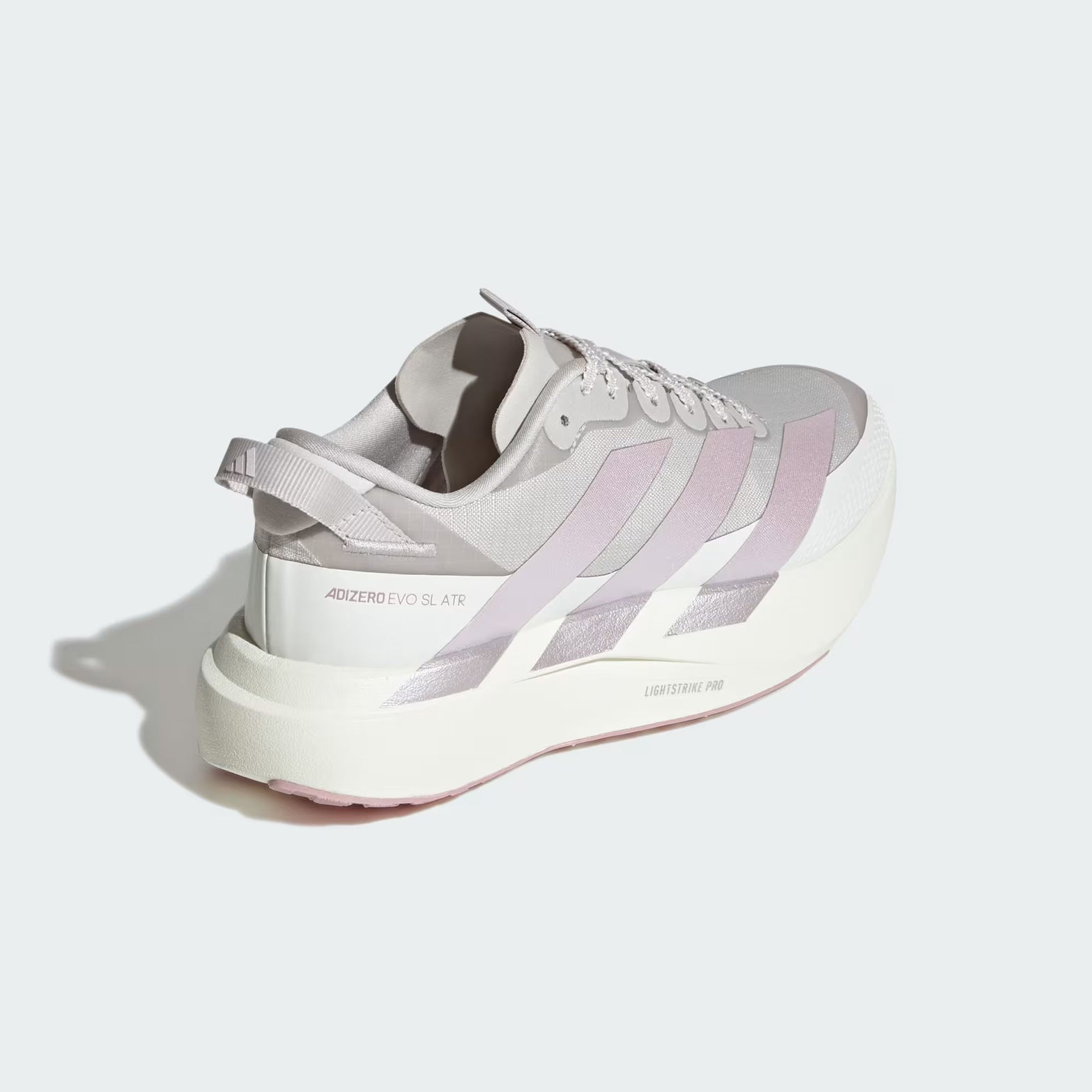 Women's adidas Adizero EVO SL ATR Running Shoes Grey One Ice Purple White Tint heel view showing LIGHTSTRIKE PRO foam with ADIZERO sling launch and Cold Cement construction for secure all-terrain running